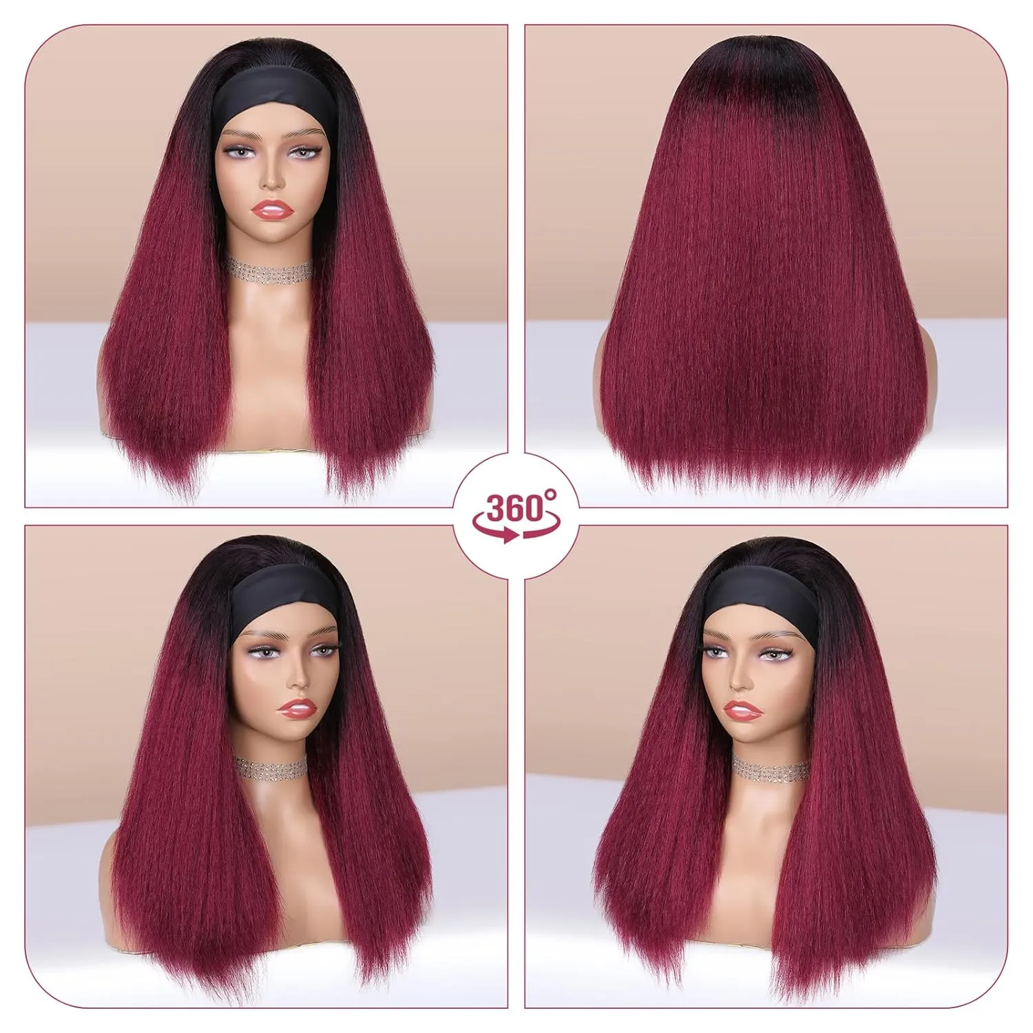 WIGNEE Red Kinky Straight Headband Wig for Women 18 Inches Burgundy Kinky Wig Yaki Straight Wigs with Black Headband Kinky Straight Wigs for Black Women (1-1B/BUG, 18 Inch)