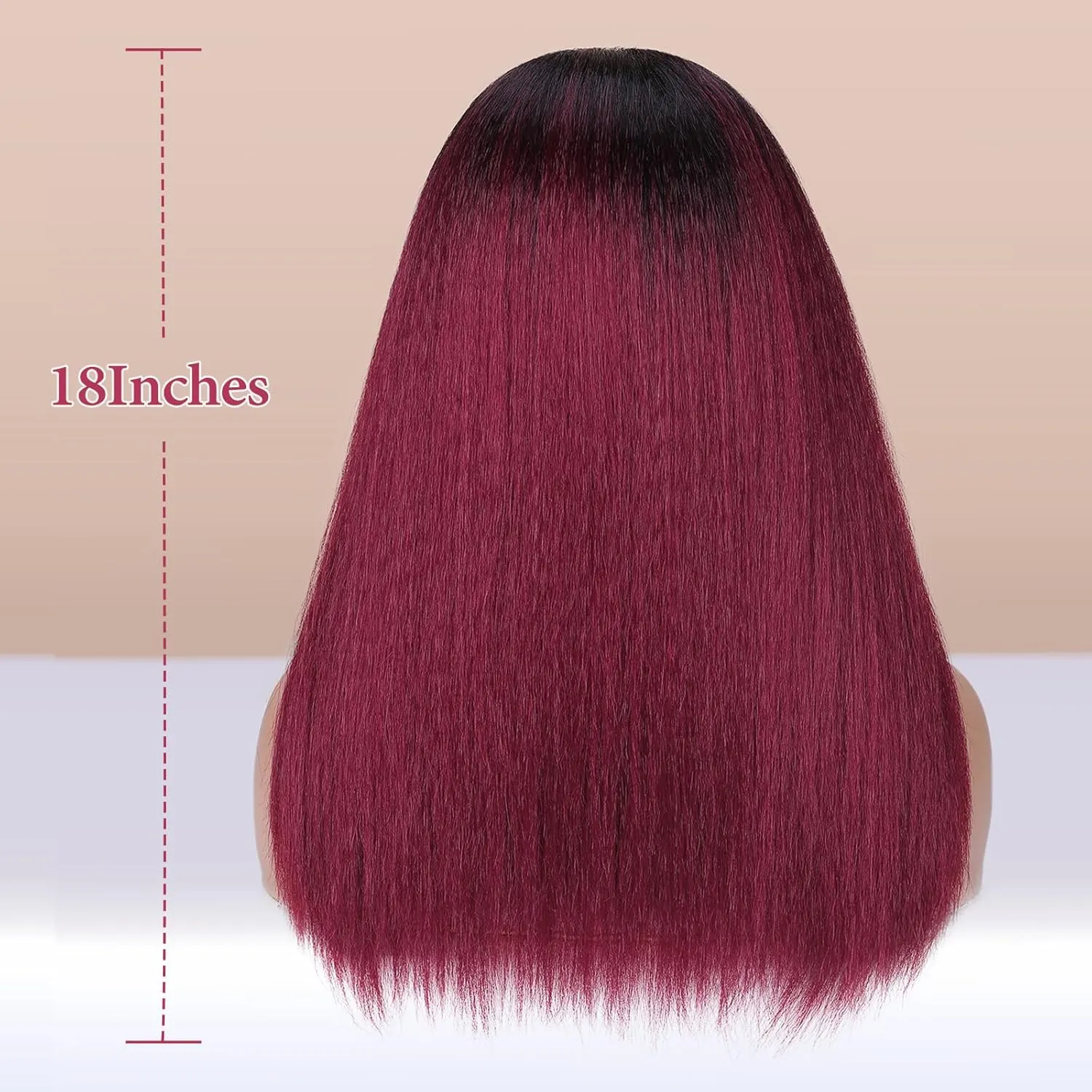 WIGNEE Red Kinky Straight Headband Wig for Women 18 Inches Burgundy Kinky Wig Yaki Straight Wigs with Black Headband Kinky Straight Wigs for Black Women (1-1B/BUG, 18 Inch)