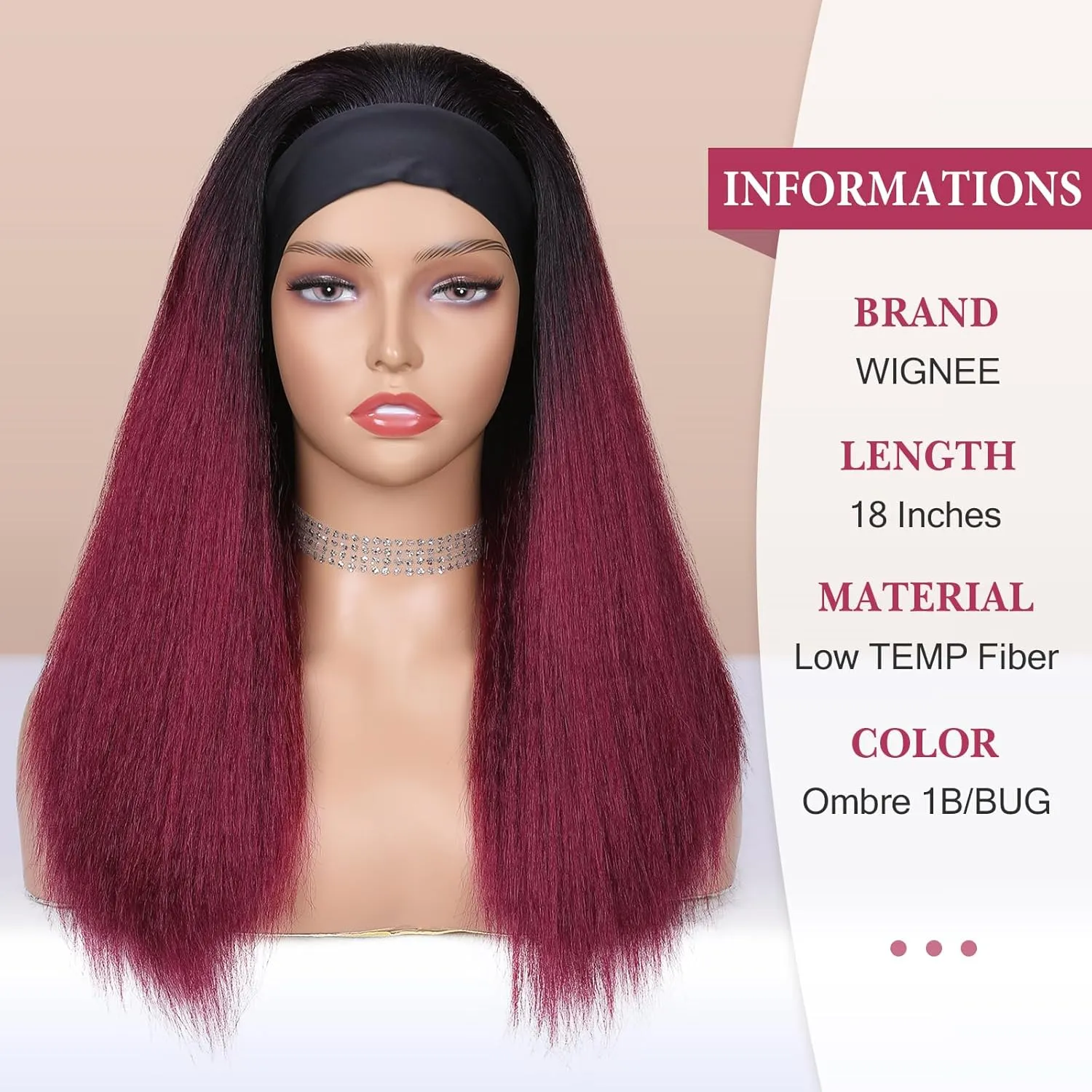 WIGNEE Red Kinky Straight Headband Wig for Women 18 Inches Burgundy Kinky Wig Yaki Straight Wigs with Black Headband Kinky Straight Wigs for Black Women (1-1B/BUG, 18 Inch)