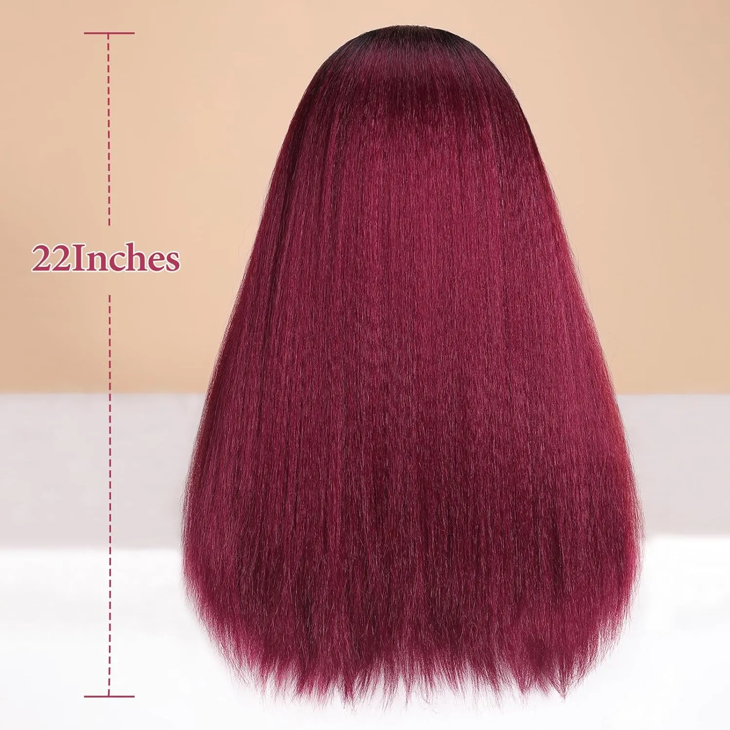 WIGNEE Red Kinky Straight Headband Wig for Women 22 Inches Burgundy Kinky Wig Yaki Straight Wigs with Black Headband Kinky Straight Wigs for Black Women (1-1B/BUG, 22 Inch)
