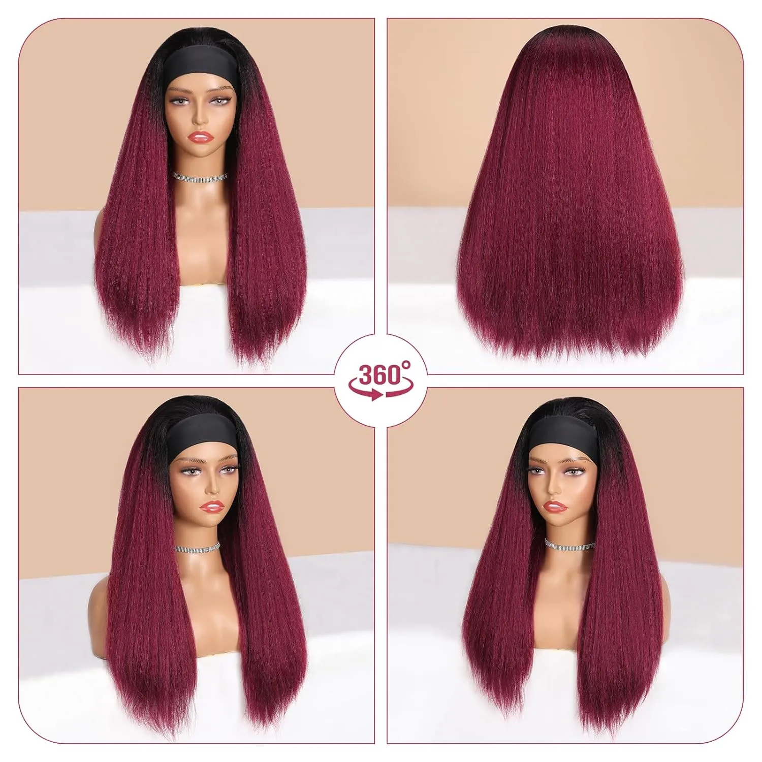 WIGNEE Red Kinky Straight Headband Wig for Women 22 Inches Burgundy Kinky Wig Yaki Straight Wigs with Black Headband Kinky Straight Wigs for Black Women (1-1B/BUG, 22 Inch)