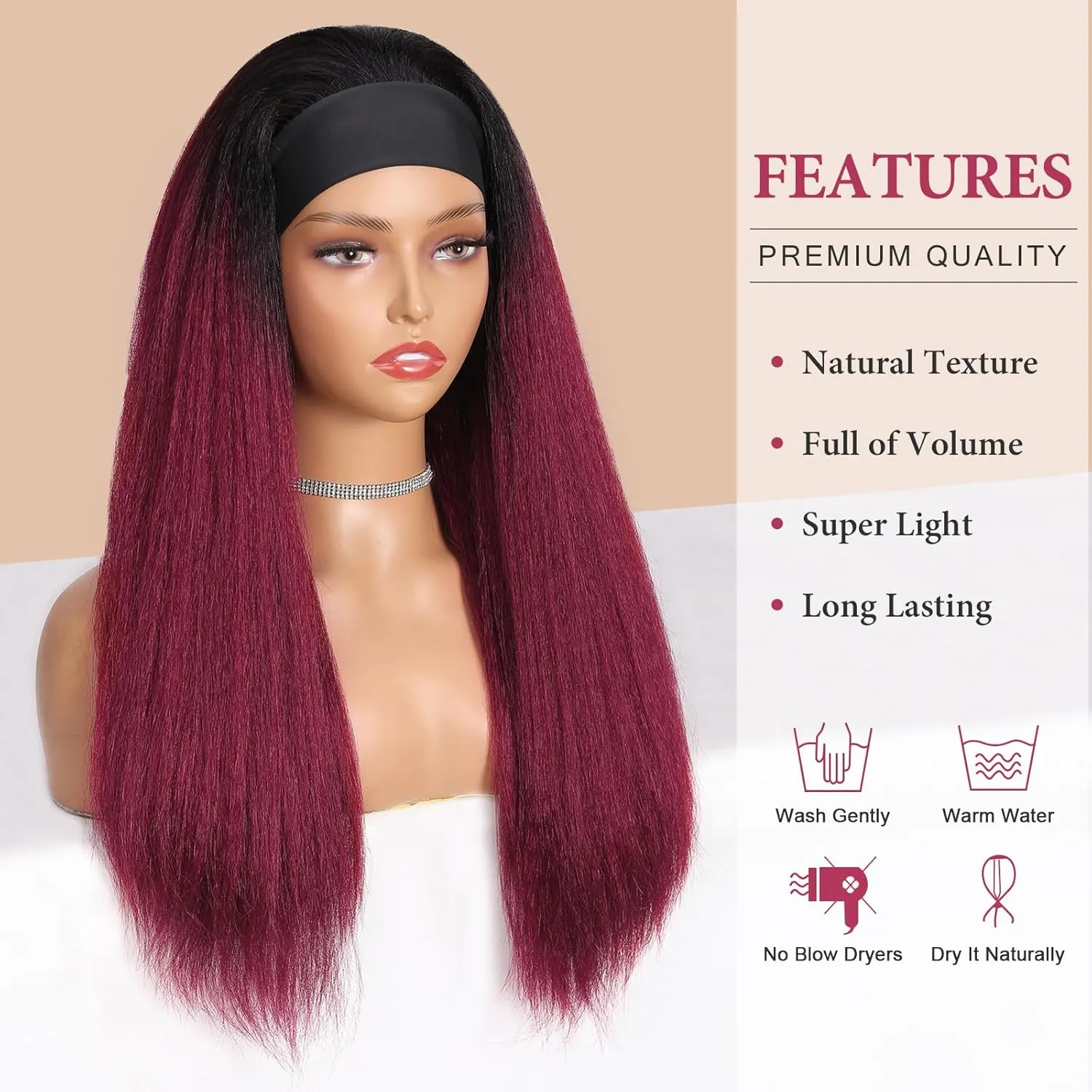 WIGNEE Red Kinky Straight Headband Wig for Women 22 Inches Burgundy Kinky Wig Yaki Straight Wigs with Black Headband Kinky Straight Wigs for Black Women (1-1B/BUG, 22 Inch)