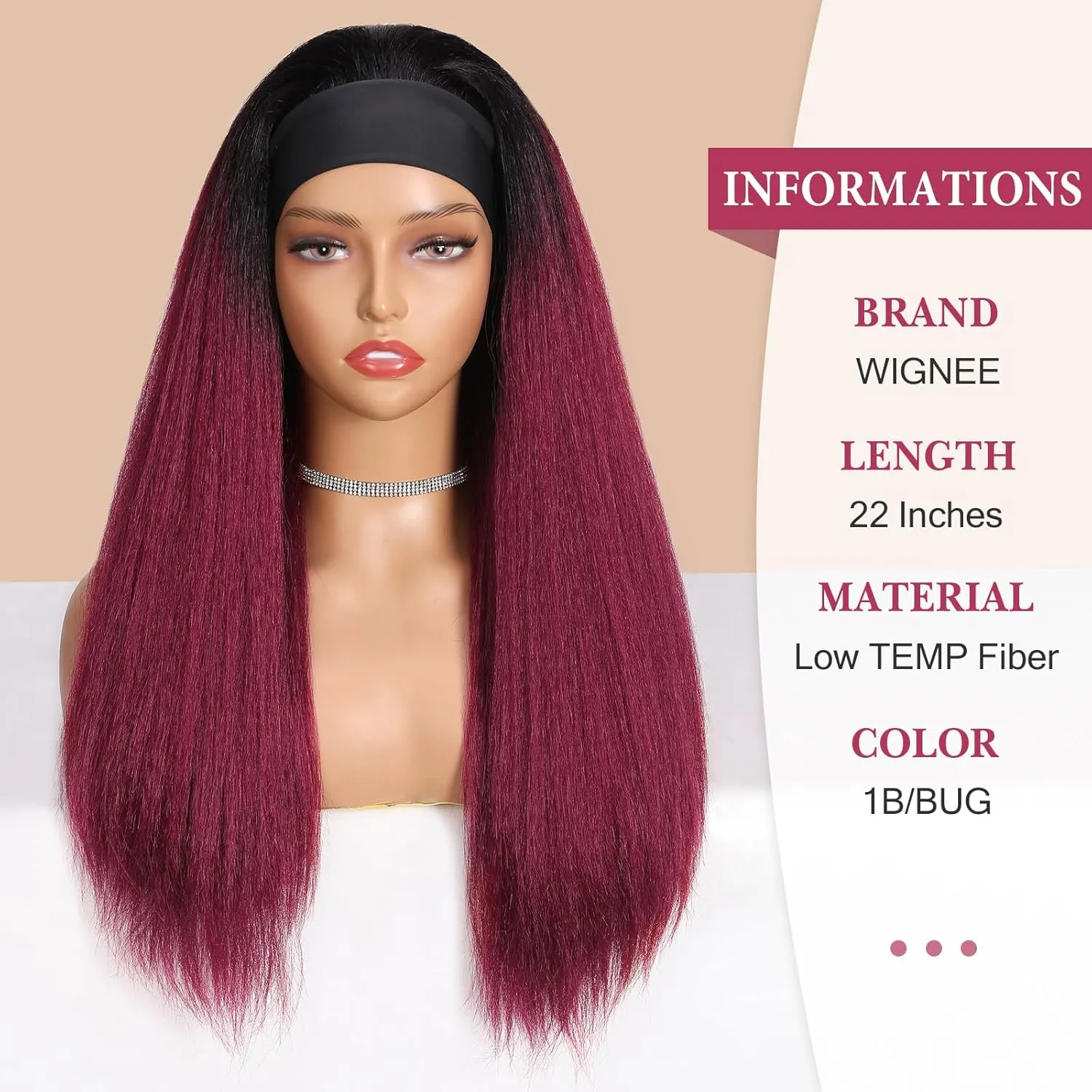 WIGNEE Red Kinky Straight Headband Wig for Women 22 Inches Burgundy Kinky Wig Yaki Straight Wigs with Black Headband Kinky Straight Wigs for Black Women (1-1B/BUG, 22 Inch)