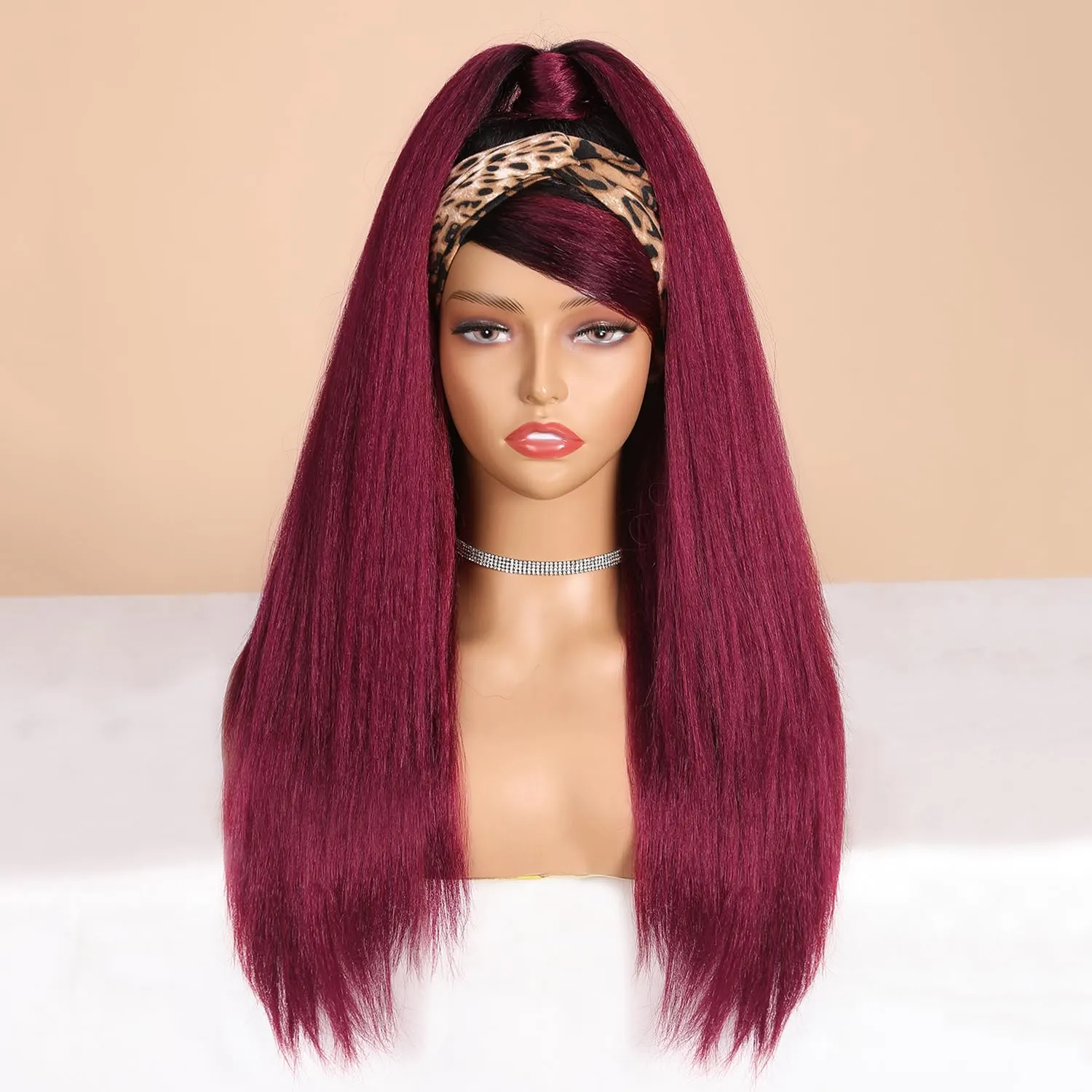 WIGNEE Red Kinky Straight Headband Wig for Women 22 Inches Burgundy Kinky Wig Yaki Straight Wigs with Black Headband Kinky Straight Wigs for Black Women (1-1B/BUG, 22 Inch)