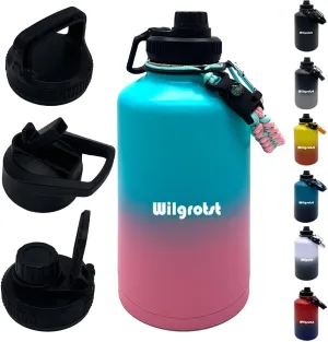 Wilgostst 64 oz Insulated Water Bottles, Big Sports Flask with Straw, Double Walled Stainless Steel Water Jug with 3 Lids & Handle for Outdoor, Camping, Fishing, Cold for 48 H/Hot for 24 H, Cyan Pink
