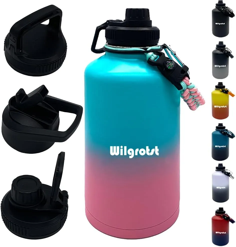 Wilgostst 64 oz Insulated Water Bottles, Big Sports Flask with Straw, Double Walled Stainless Steel Water Jug with 3 Lids & Handle for Outdoor, Camping, Fishing, Cold for 48 H/Hot for 24 H, Cyan Pink