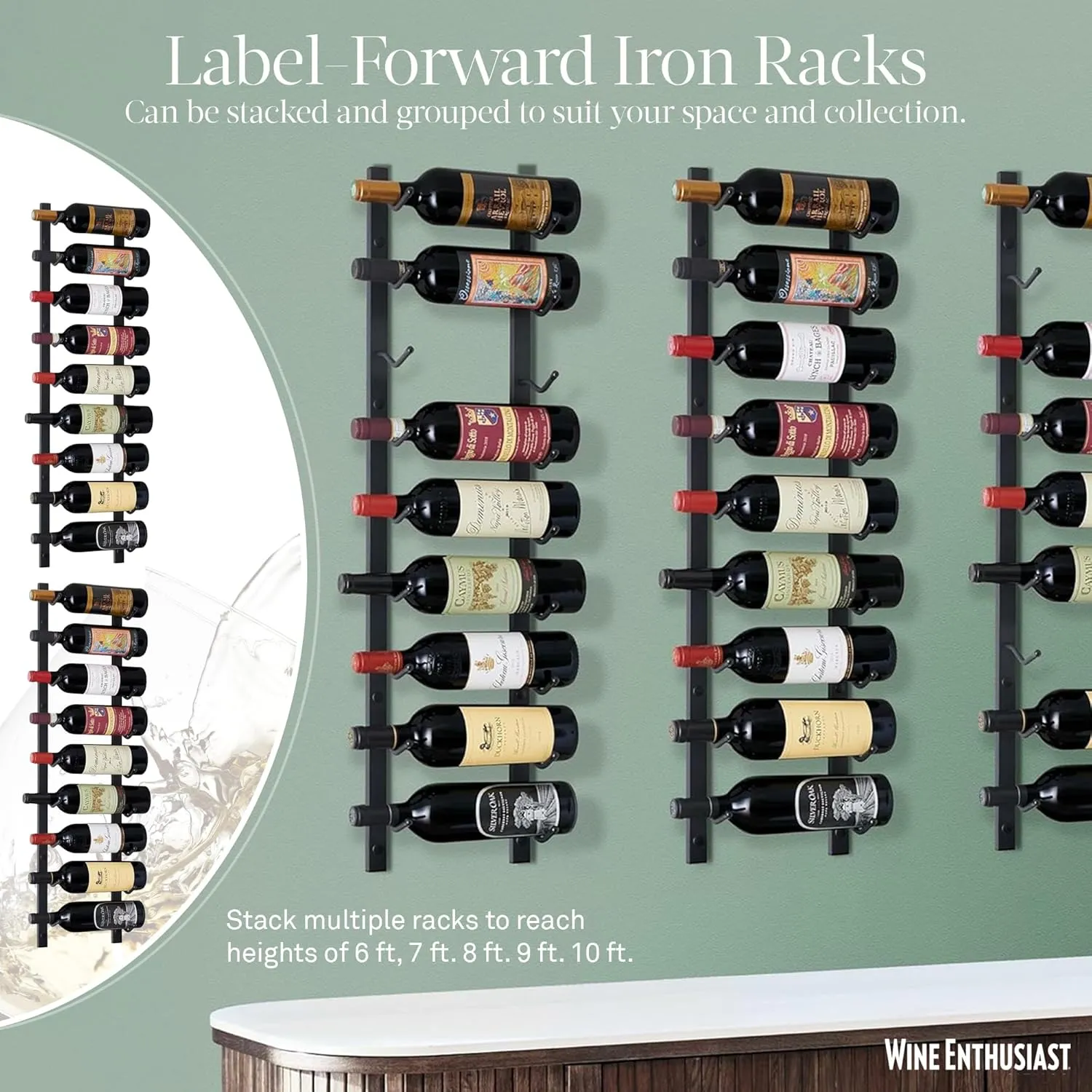 Wine Enthusiast N'FINITY 9 Bottle Wall Mounted Metal Wine Rack – Label Forward Wine Rack with Easy Installation - 3' Tall, 1 Column Deep (Black)