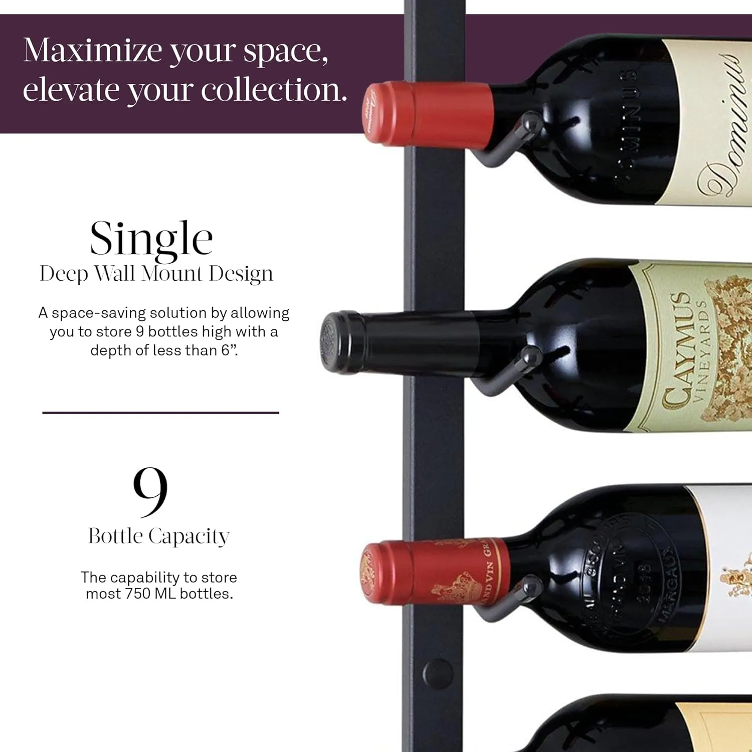 Wine Enthusiast N'FINITY 9 Bottle Wall Mounted Metal Wine Rack – Label Forward Wine Rack with Easy Installation - 3' Tall, 1 Column Deep (Black)