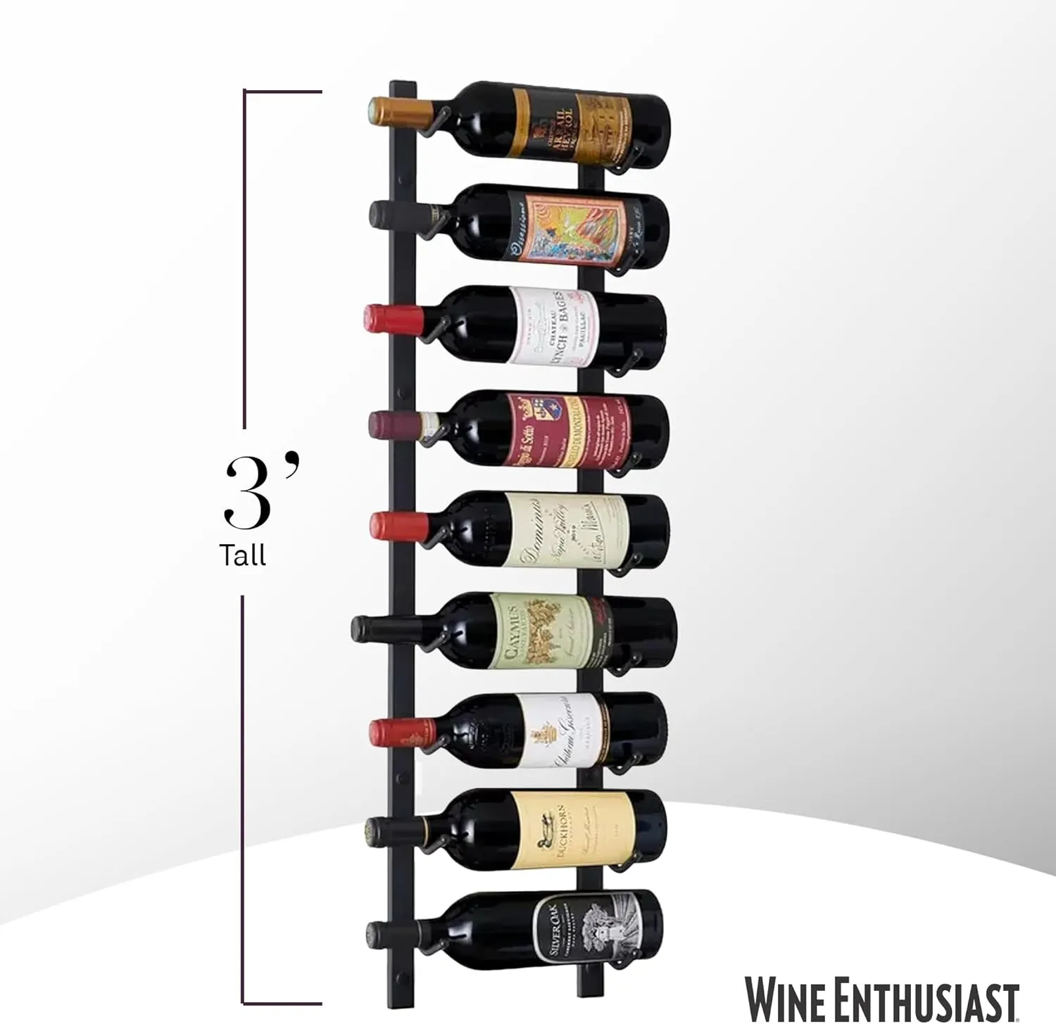 Wine Enthusiast N'FINITY 9 Bottle Wall Mounted Metal Wine Rack – Label Forward Wine Rack with Easy Installation - 3' Tall, 1 Column Deep (Black)