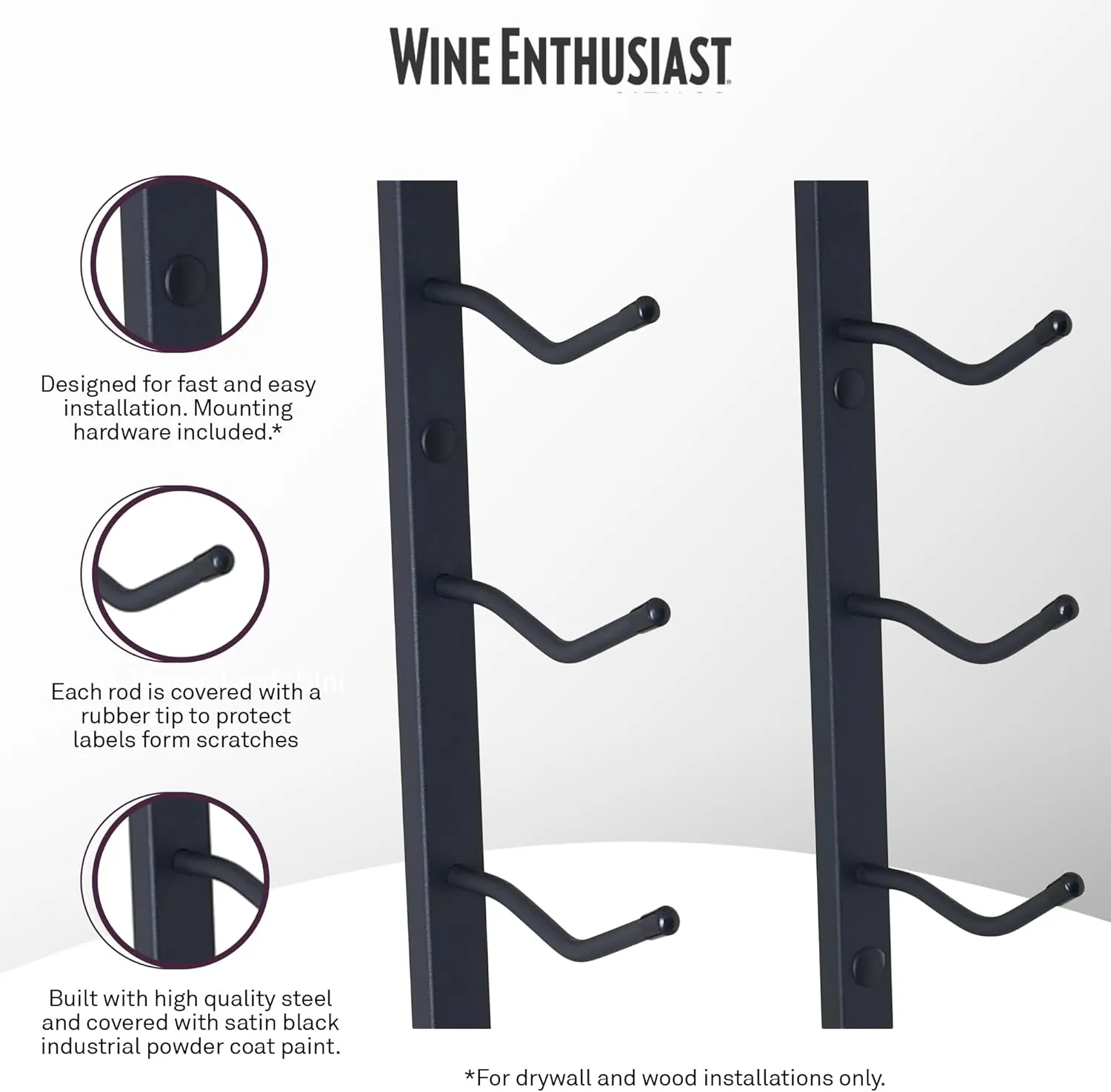 Wine Enthusiast N'FINITY 9 Bottle Wall Mounted Metal Wine Rack – Label Forward Wine Rack with Easy Installation - 3' Tall, 1 Column Deep (Black)