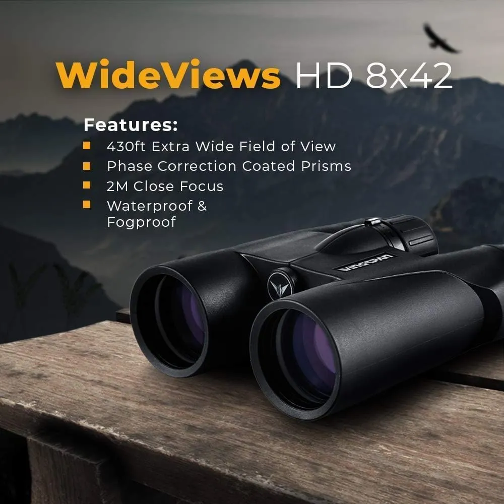 Wingspan Optics WideViews HD 8X42 Professional Binoculars for Bird Watching. Extra-Wide Field of View for the Brightest, Clearest Detail. Close Focus for Closer Views.HD Quality at an Affordable Price