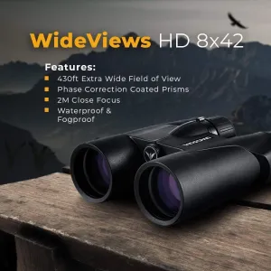 Wingspan Optics WideViews HD 8X42 Professional Binoculars for Bird Watching. Extra-Wide Field of View for the Brightest, Clearest Detail. Close Focus for Closer Views.HD Quality at an Affordable Price