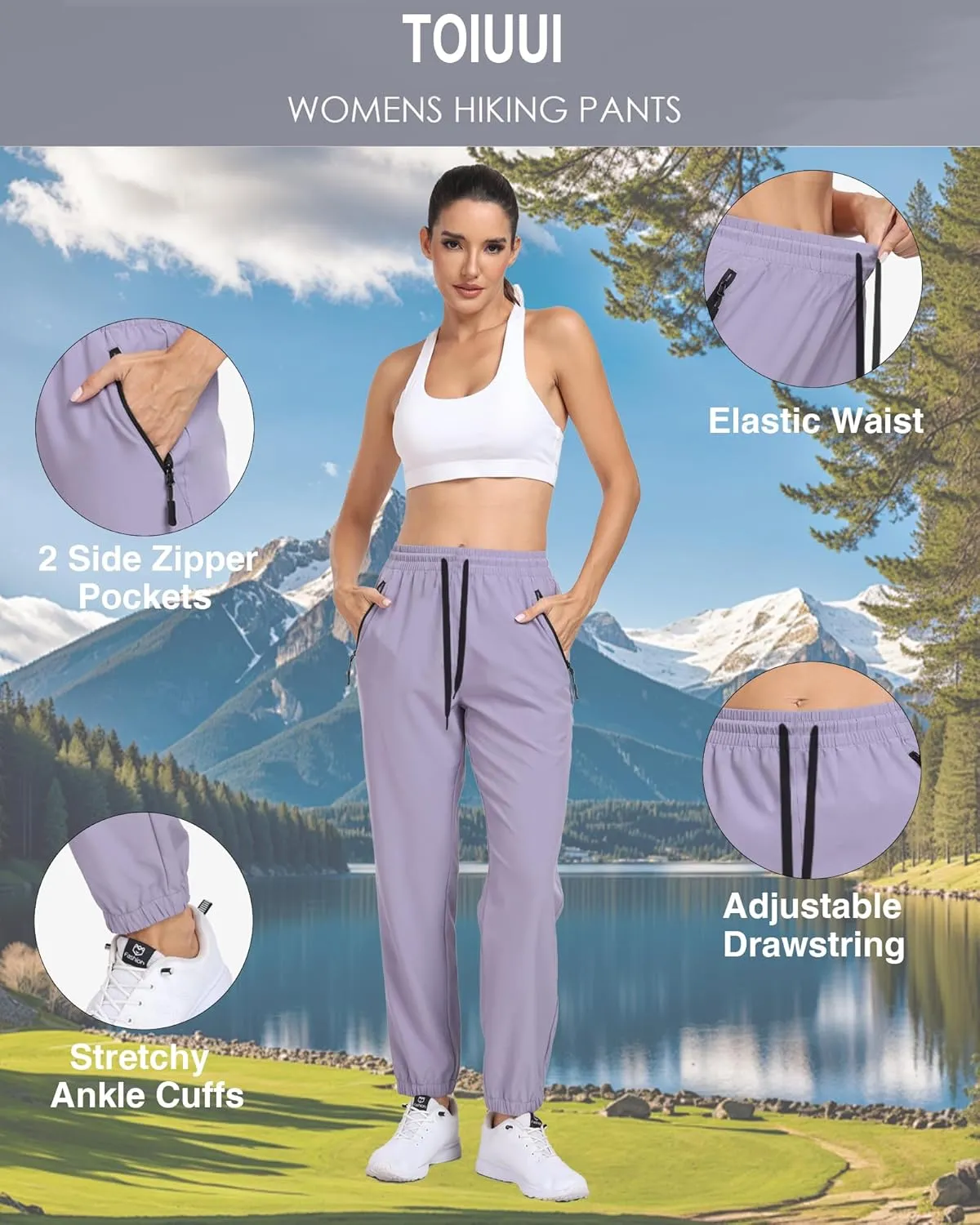 Women's Cargo Hiking Pants Lightweight Water-Resistant UPF 50  Quick Dry Elastic Waist Joggers with Zipper Pockets