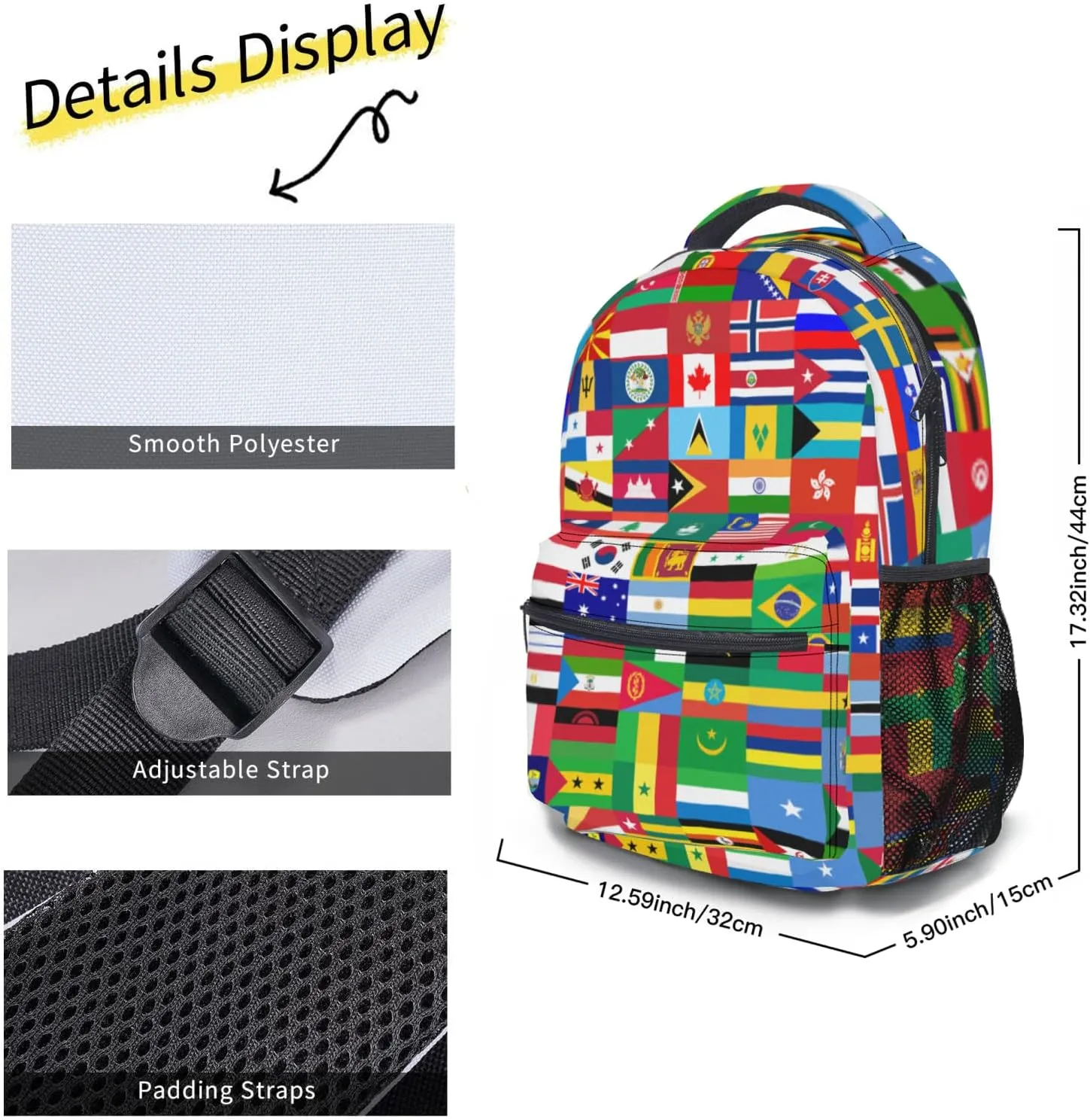 Worlds Flag Backpack With Adjustable Padded Shoulder Straps 17 Inch Daypacks For College Travel