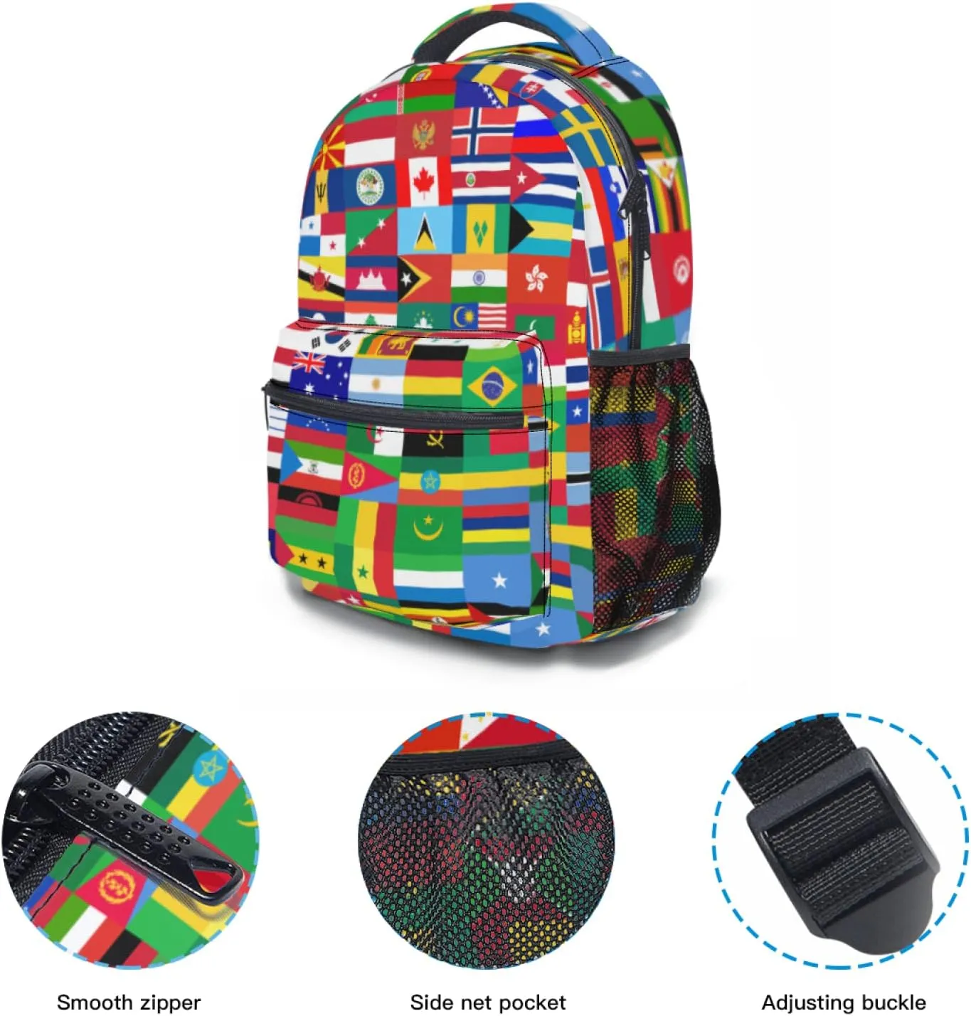 Worlds Flag Backpack With Adjustable Padded Shoulder Straps 17 Inch Daypacks For College Travel