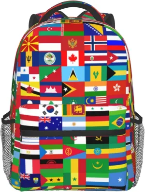Worlds Flag Backpack With Adjustable Padded Shoulder Straps 17 Inch Daypacks For College Travel