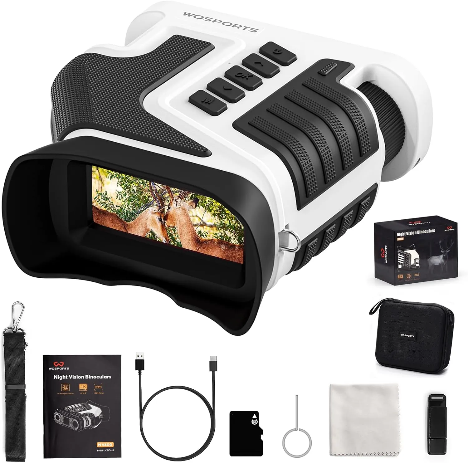 WOSPORTS 4K Night Vision Binoculars for Adults – 10X Optical & 8X Digital Zoom, 48MP Photo, 1300FT Infrared Range, Rechargeable 5000mAh Battery, IPX Waterproof, Ideal for Camping & Wildlife, White