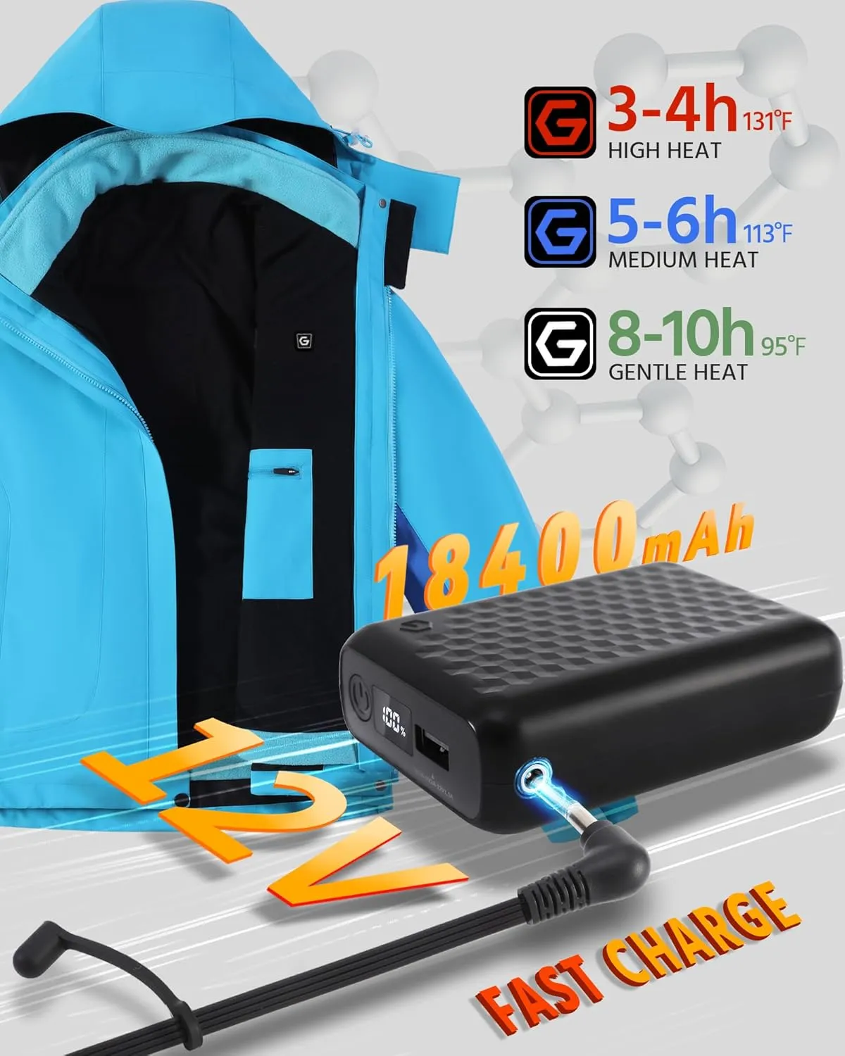 Wulcea 3-in-1 Graphene Heated Jacket For Women 12V 18400mAh Fast Charge With Large Capacity