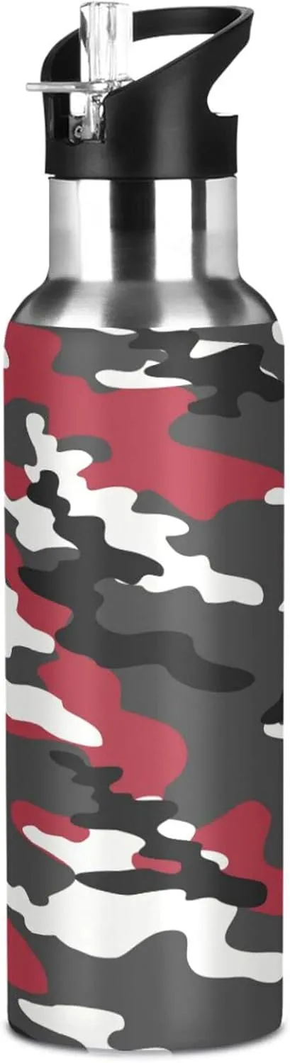 Wusikd Red Black Camouflage Water Bottle with Straw Lid Double Wall Thermos Bottle Vacuum Insulated Flask Stainless Steel Water Bottle for Gym Outdoor 35 OZ