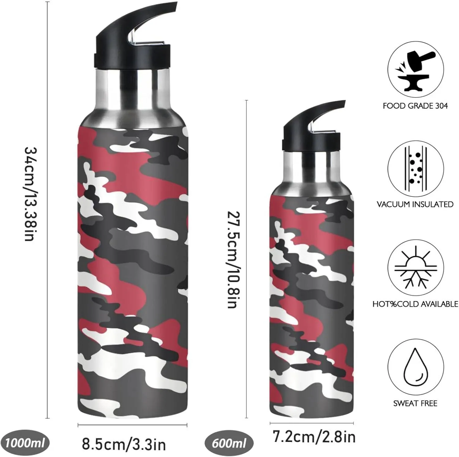 Wusikd Red Black Camouflage Water Bottle with Straw Lid Double Wall Thermos Bottle Vacuum Insulated Flask Stainless Steel Water Bottle for Gym Outdoor 35 OZ