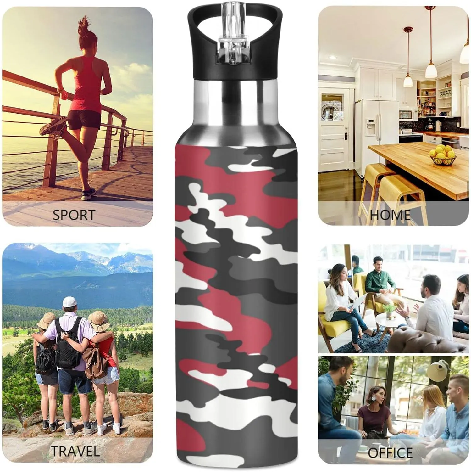 Wusikd Red Black Camouflage Water Bottle with Straw Lid Double Wall Thermos Bottle Vacuum Insulated Flask Stainless Steel Water Bottle for Gym Outdoor 35 OZ