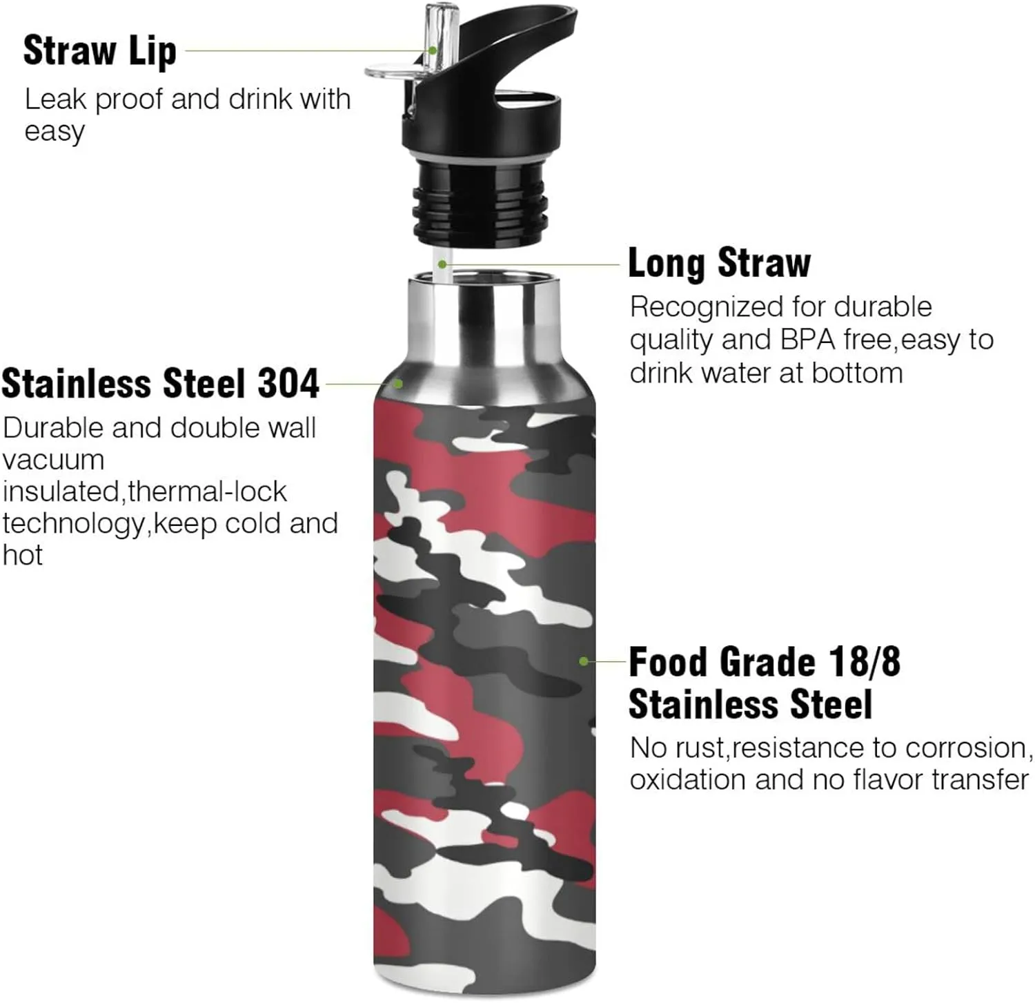 Wusikd Red Black Camouflage Water Bottle with Straw Lid Double Wall Thermos Bottle Vacuum Insulated Flask Stainless Steel Water Bottle for Gym Outdoor 35 OZ