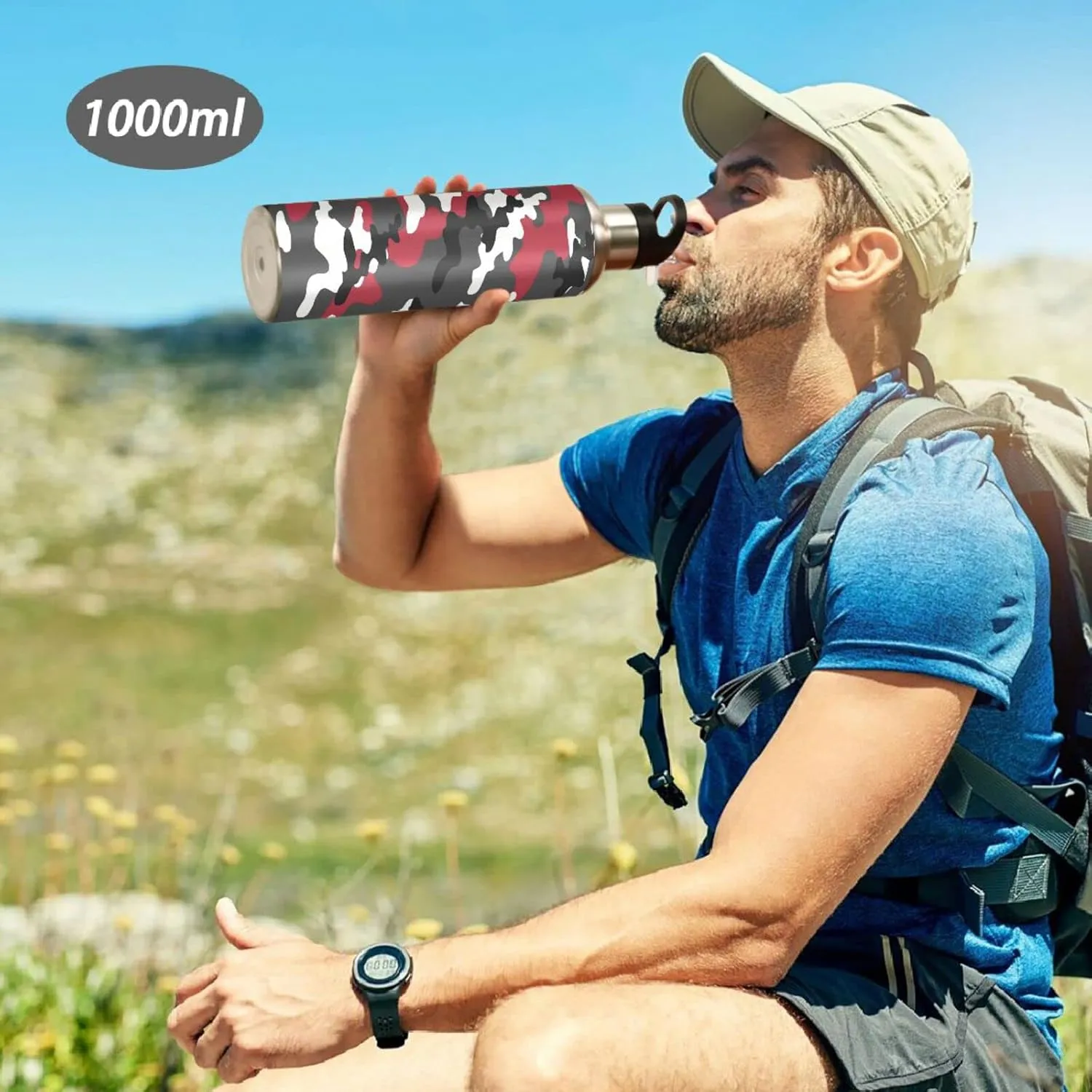 Wusikd Red Black Camouflage Water Bottle with Straw Lid Double Wall Thermos Bottle Vacuum Insulated Flask Stainless Steel Water Bottle for Gym Outdoor 35 OZ