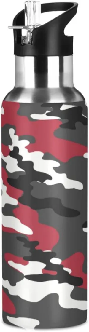 Wusikd Red Black Camouflage Water Bottle with Straw Lid Double Wall Thermos Bottle Vacuum Insulated Flask Stainless Steel Water Bottle for Gym Outdoor 35 OZ