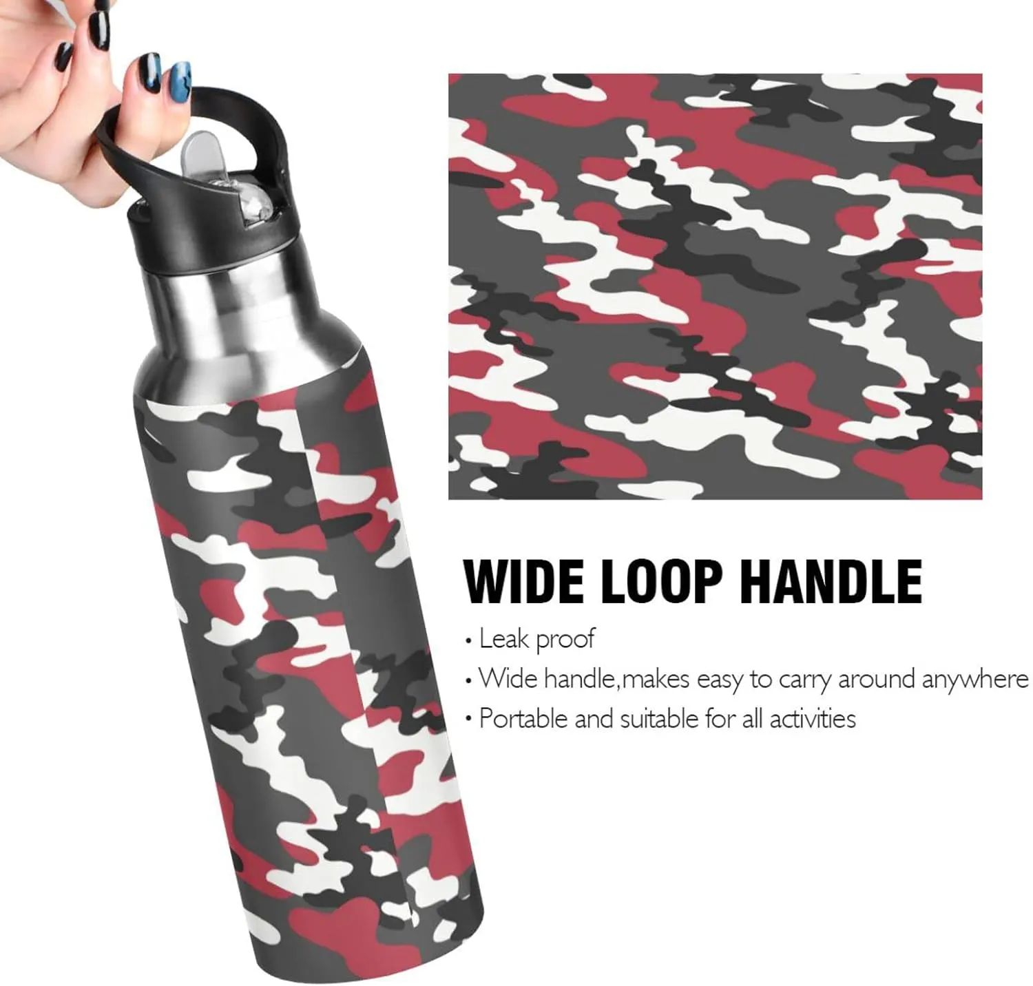 Wusikd Red Black Camouflage Water Bottle with Straw Lid Double Wall Thermos Bottle Vacuum Insulated Flask Stainless Steel Water Bottle for Gym Outdoor 35 OZ