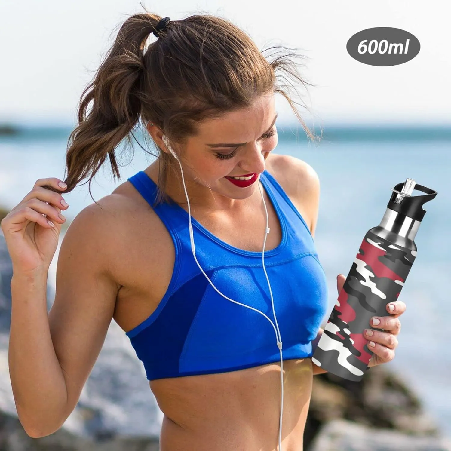 Wusikd Red Black Camouflage Water Bottle with Straw Lid Double Wall Thermos Bottle Vacuum Insulated Flask Stainless Steel Water Bottle for Gym Outdoor 35 OZ
