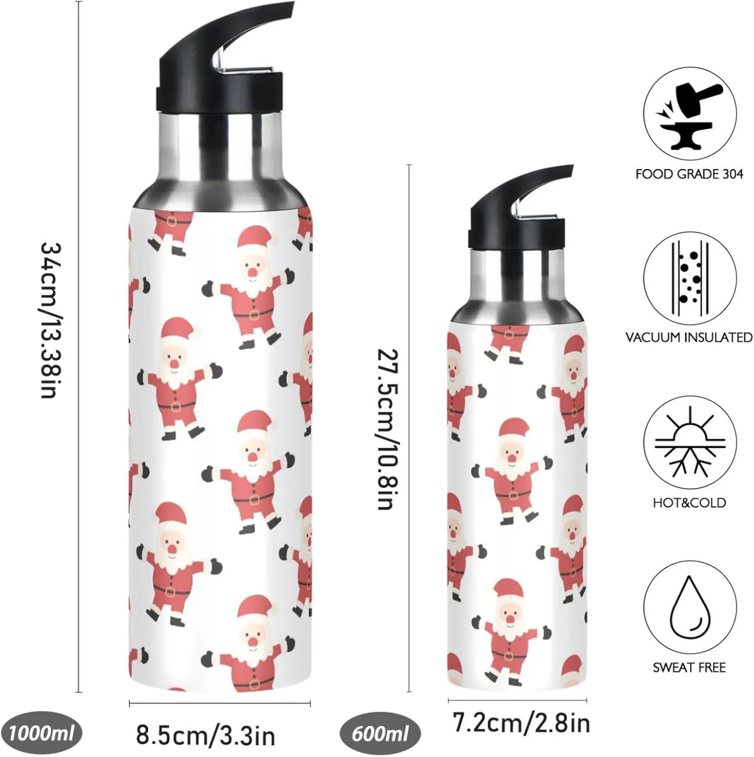 Wusikd Santa Claus Christmas Water Bottle with Straw Lid Double Wall Thermos Bottle Vacuum Insulated Flask Stainless Steel Water Bottle for Gym Outdoor 35 OZ