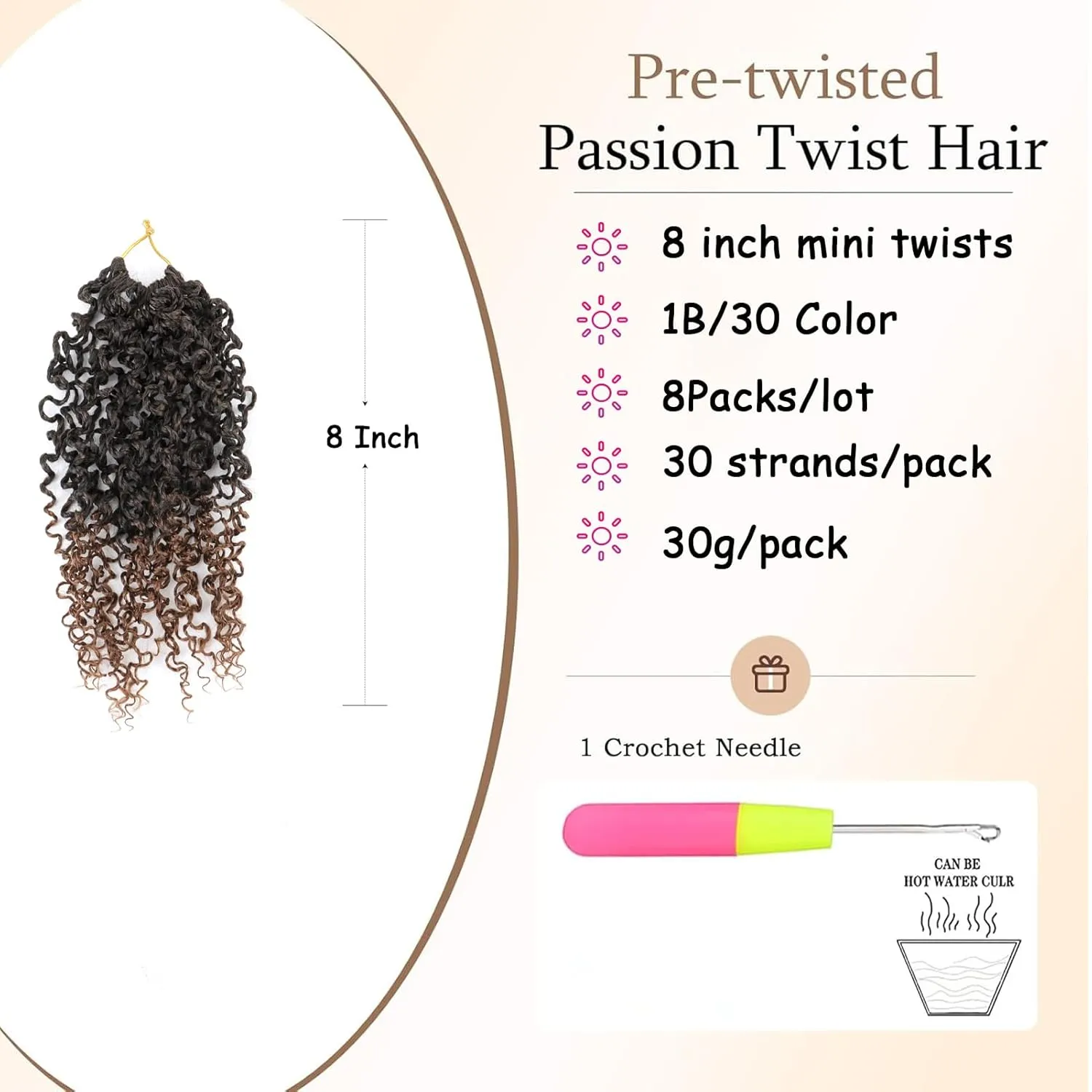 XGY 8 Inch Pre-looped Yanky Twists Crochet Braids 8 Pcs Ombre Brown Bohemian Spring Twists Hair Senegalese Twist Crochet Hair Passion Twist Crochet Hair Marlybob Crochet Braid Hair Extensions (1B/30#)