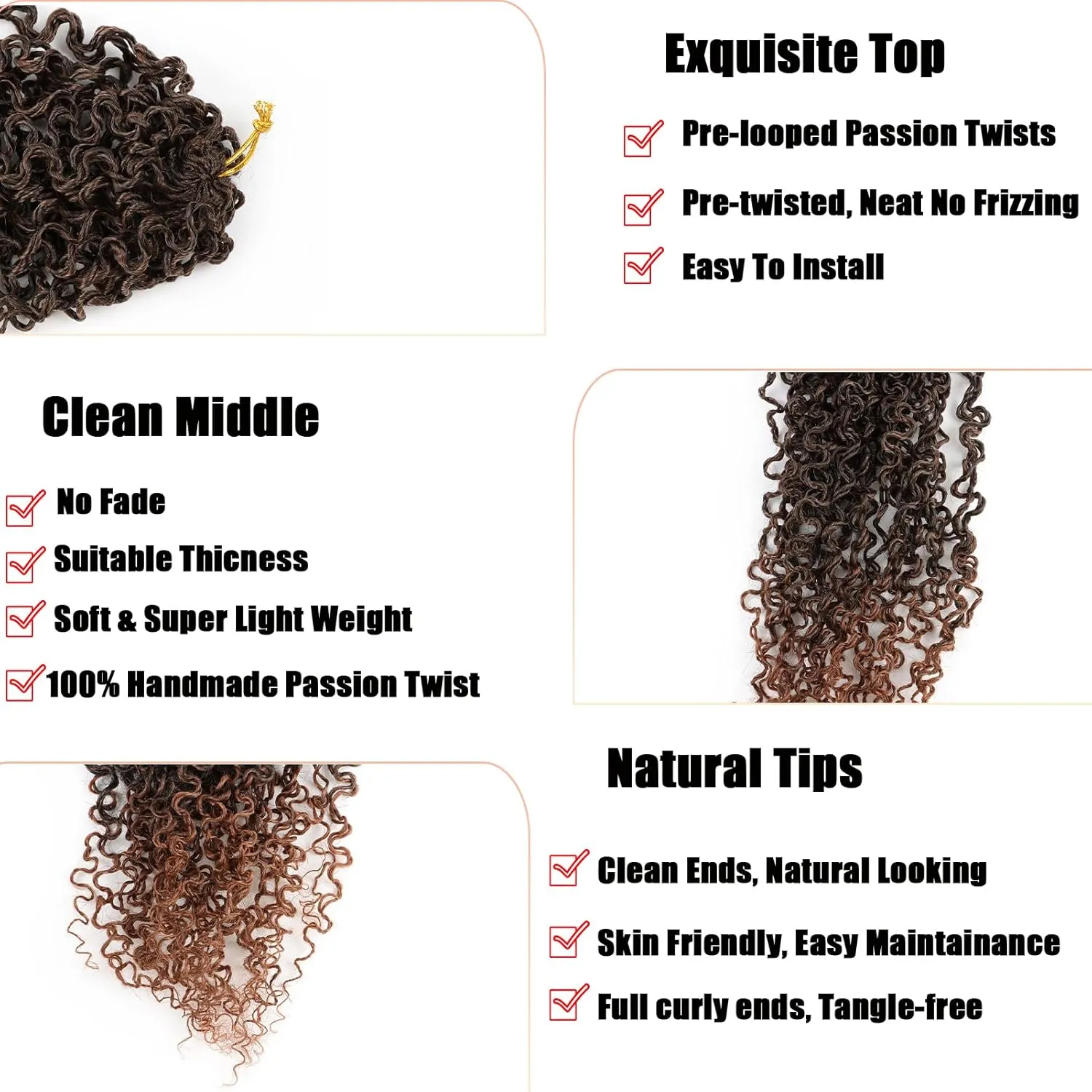 XGY 8 Inch Pre-looped Yanky Twists Crochet Braids 8 Pcs Ombre Brown Bohemian Spring Twists Hair Senegalese Twist Crochet Hair Passion Twist Crochet Hair Marlybob Crochet Braid Hair Extensions (1B/30#)