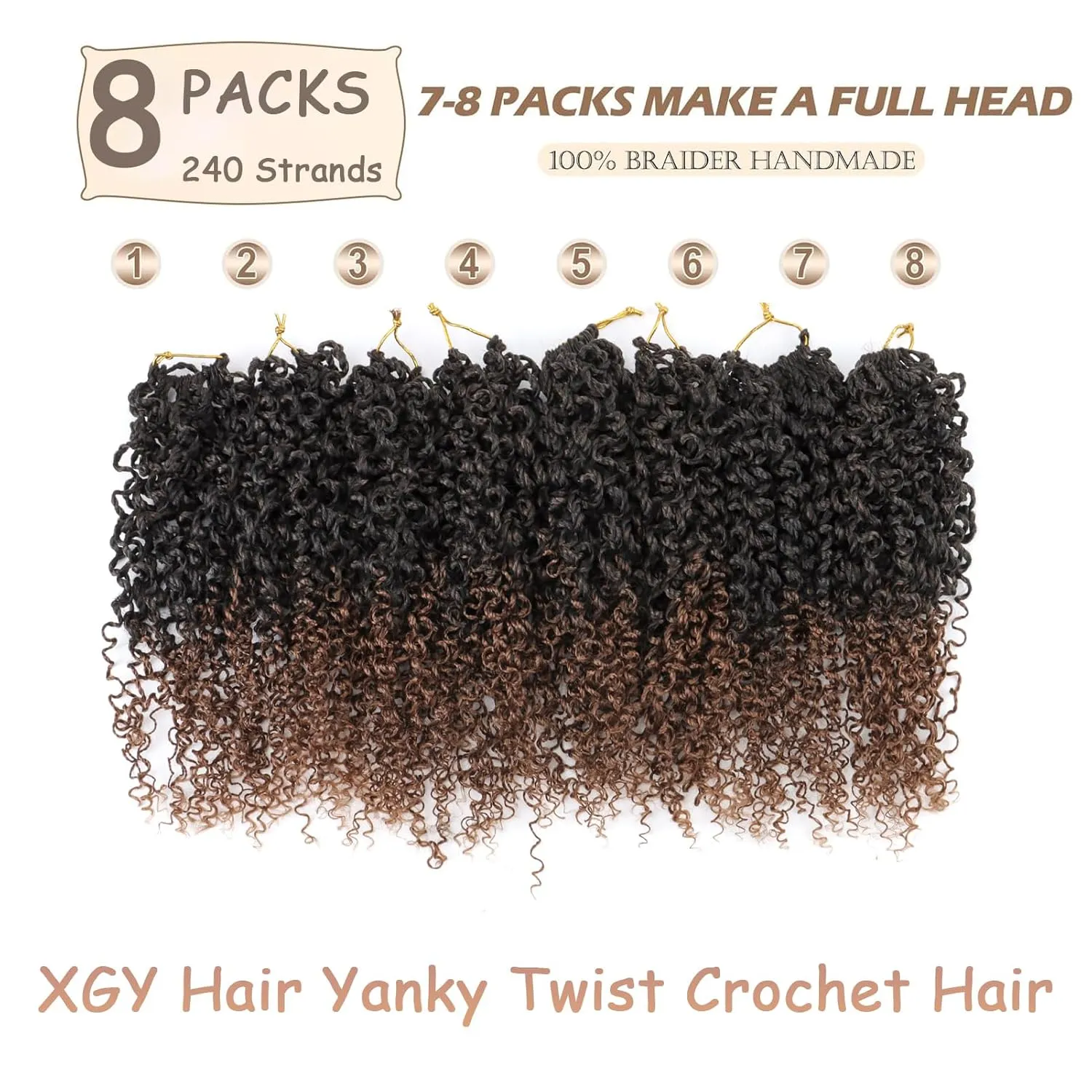 XGY 8 Inch Pre-looped Yanky Twists Crochet Braids 8 Pcs Ombre Brown Bohemian Spring Twists Hair Senegalese Twist Crochet Hair Passion Twist Crochet Hair Marlybob Crochet Braid Hair Extensions (1B/30#)