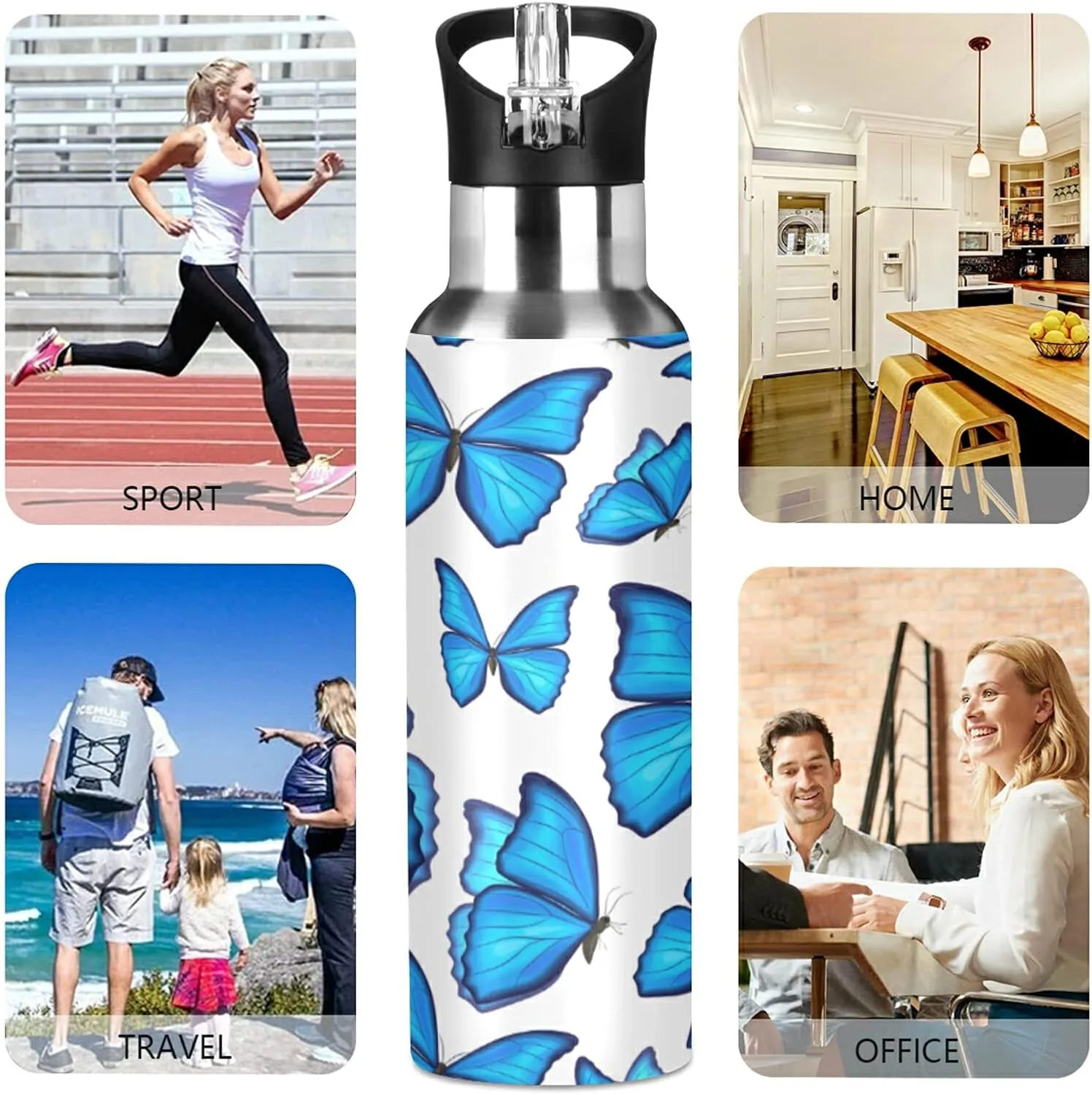 xigua 22 OZ Blue Butterflies Water Bottle with Straw, Sports Water Bottle BPA Free Stainless Steel Water Jugs for Gym, Kitchen, Working, Outdoor