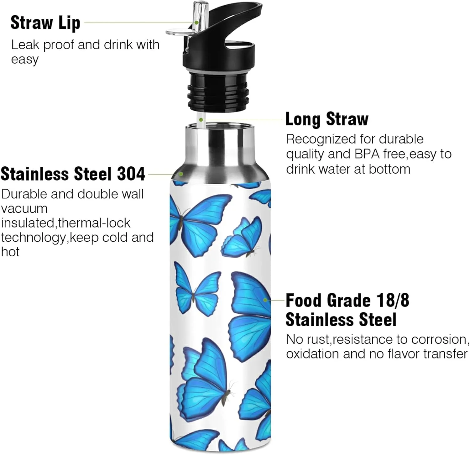 xigua 22 OZ Blue Butterflies Water Bottle with Straw, Sports Water Bottle BPA Free Stainless Steel Water Jugs for Gym, Kitchen, Working, Outdoor