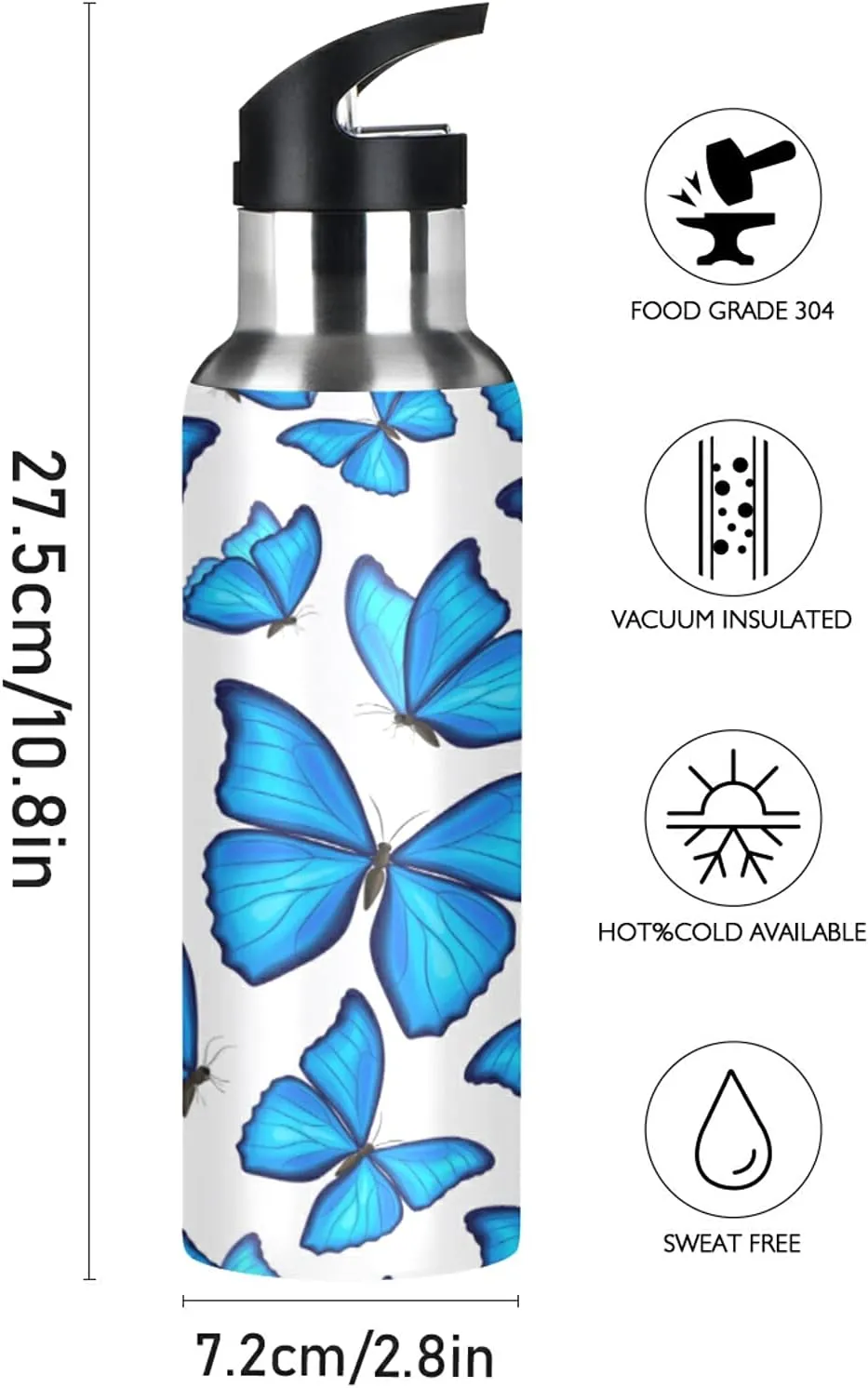 xigua 22 OZ Blue Butterflies Water Bottle with Straw, Sports Water Bottle BPA Free Stainless Steel Water Jugs for Gym, Kitchen, Working, Outdoor
