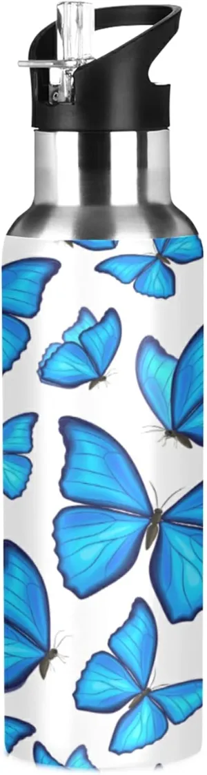 xigua 22 OZ Blue Butterflies Water Bottle with Straw, Sports Water Bottle BPA Free Stainless Steel Water Jugs for Gym, Kitchen, Working, Outdoor