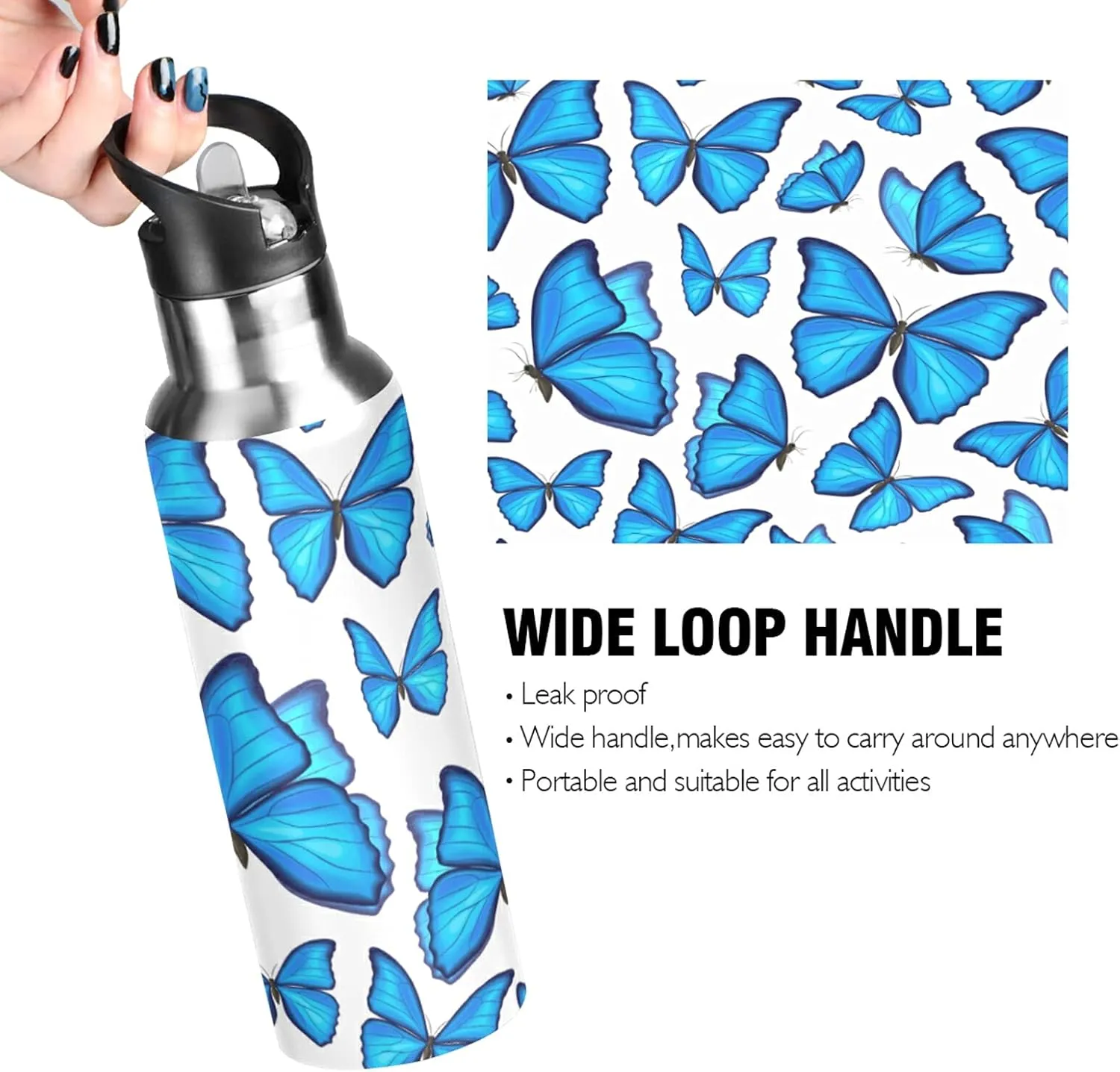 xigua 22 OZ Blue Butterflies Water Bottle with Straw, Sports Water Bottle BPA Free Stainless Steel Water Jugs for Gym, Kitchen, Working, Outdoor