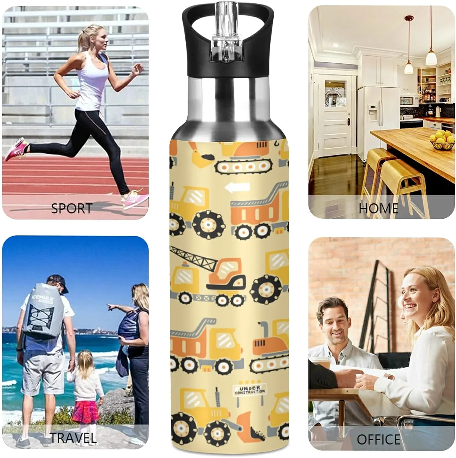 xigua 22 OZ Construction Vehicles Cartoon Water Bottle with Straw, Sports Water Bottle BPA Free Stainless Steel Water Jugs for Gym, Kitchen, Working, Outdoor