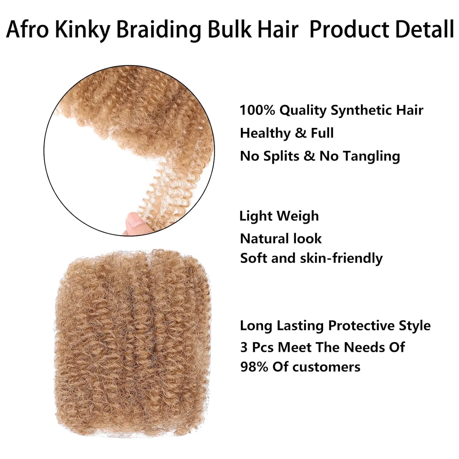 Xtrend 16 Inch 3 Bundles 90g HoneyBlonde Afro Kinky Bulk Hair for Dreadlocks Extensions, Repair Locs, Mini Braiding, Twist, Micro Spring Twist (30g/pack)