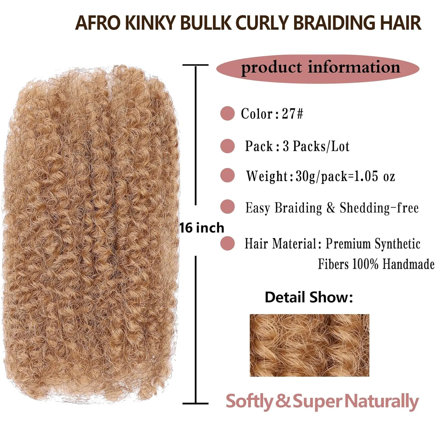 Xtrend 16 Inch 3 Bundles 90g HoneyBlonde Afro Kinky Bulk Hair for Dreadlocks Extensions, Repair Locs, Mini Braiding, Twist, Micro Spring Twist (30g/pack)