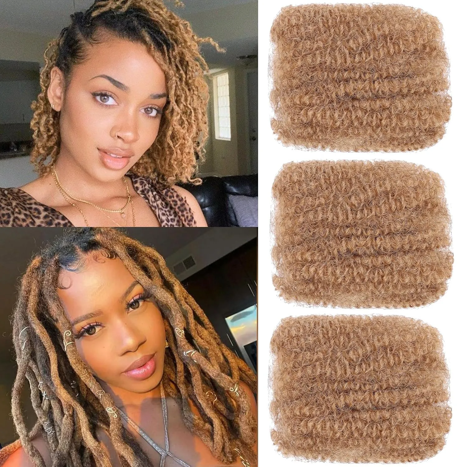 Xtrend 16 Inch 3 Bundles 90g HoneyBlonde Afro Kinky Bulk Hair for Dreadlocks Extensions, Repair Locs, Mini Braiding, Twist, Micro Spring Twist (30g/pack)