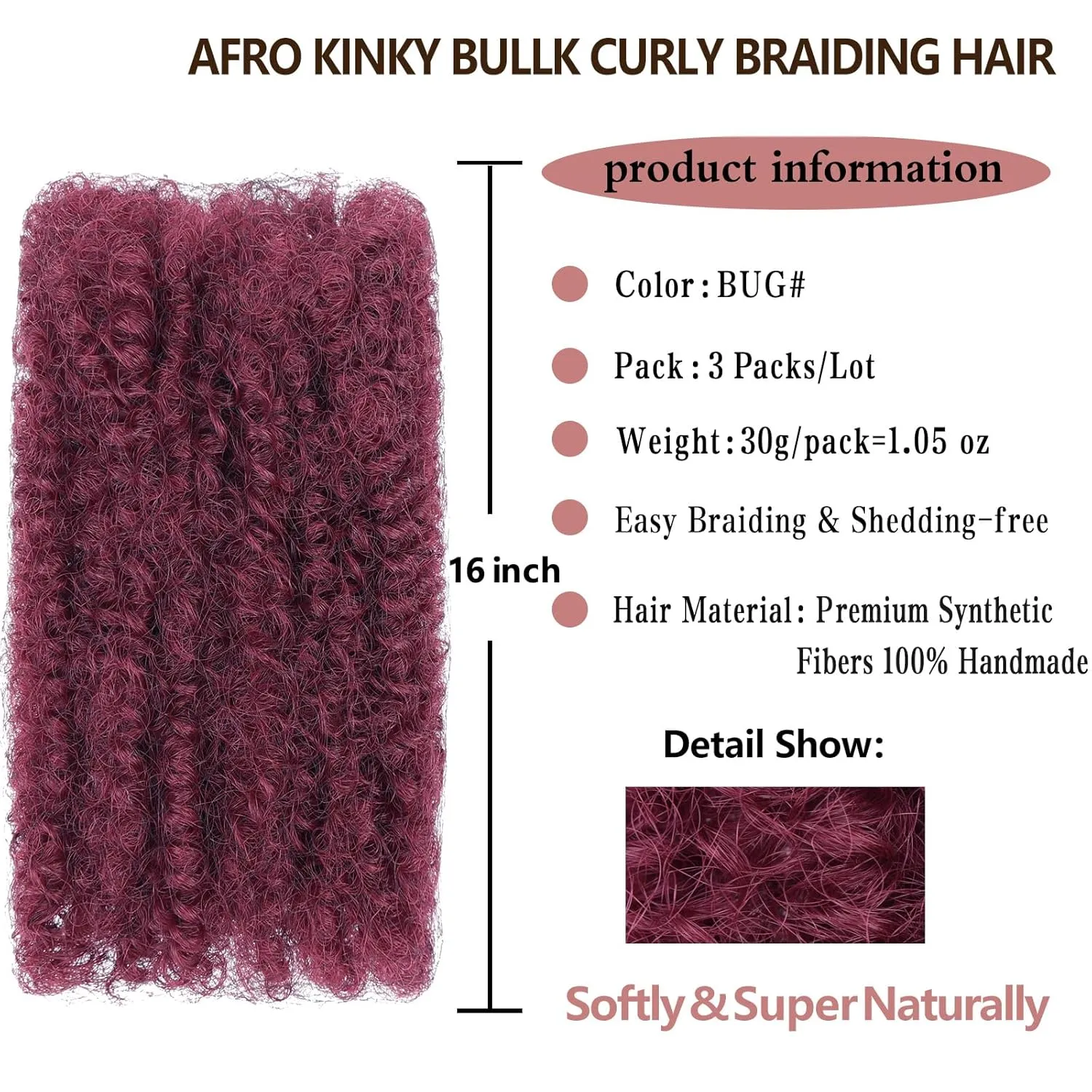 Xtrend 16 Inch 3 Bundles 90g Red Afro Kinky Braiding Bulk Hair For Dreadlocks, Loc Repair, Dreadlocks Extensions, Mini Braiding Twist Afro Kinky Hair(30g/pack)