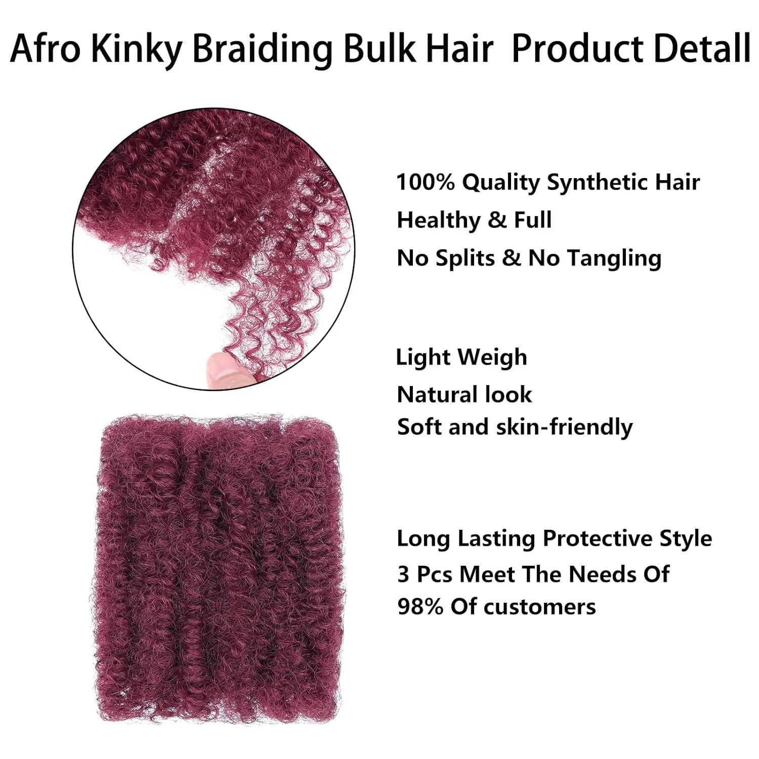 Xtrend 16 Inch 3 Bundles 90g Red Afro Kinky Braiding Bulk Hair For Dreadlocks, Loc Repair, Dreadlocks Extensions, Mini Braiding Twist Afro Kinky Hair(30g/pack)