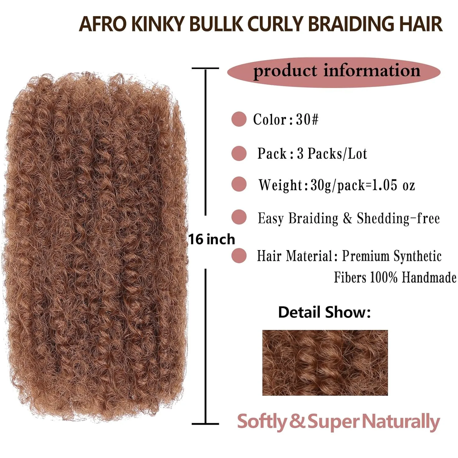 Xtrend 16 Inch 3 Bundles90g Afro Kinky Bulk Hair For Dreadlocks Extensions Repair Locs，Mini Braiding Twist Hair Honey Brown Afro Kinkys Bulk Hair Synthetic For Micro Twist Afro Kinky Hair(30g/pack)