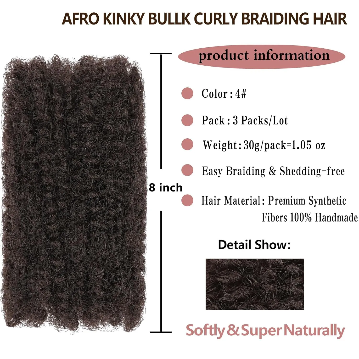 Xtrend 8 Inch Afro Kinky Curly Braiding Bulk Women Hair 3 Bundles90g Afro Kinkys Bulk Synthetic Hair For Dreadlocks, Loc Repair, Dreadlocks Extensions, Micro Twist Braiding Afro Kinky Hair(30g/pack)