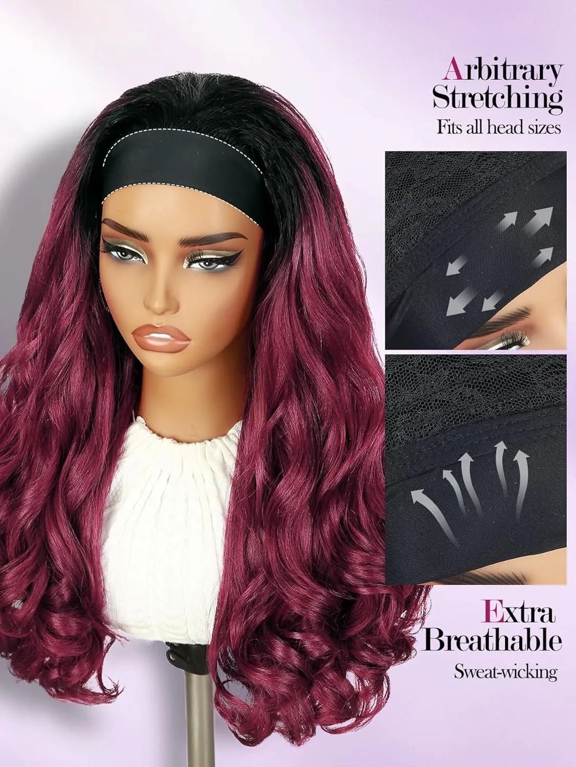 Yaki Wavy Headband Wigs Ombre Burgundy Kinky Straight Wear and Go Wig with Curly Wavy Ends for Mom on the Go Synthetic Headband Blow Out Style Natural Hair Wig for Black Women Bug