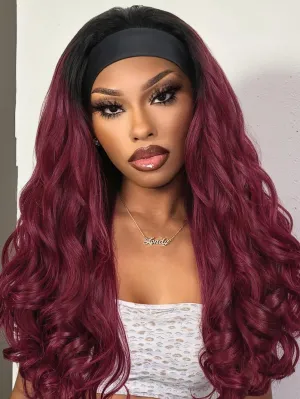 Yaki Wavy Headband Wigs Ombre Burgundy Kinky Straight Wear and Go Wig with Curly Wavy Ends for Mom on the Go Synthetic Headband Blow Out Style Natural Hair Wig for Black Women Bug