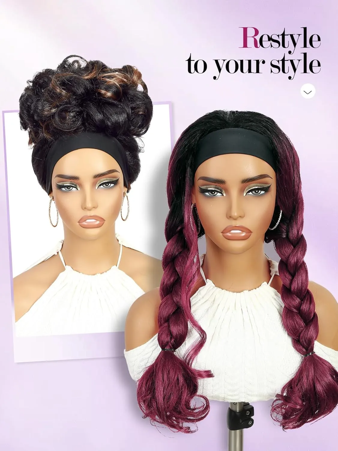 Yaki Wavy Headband Wigs Ombre Burgundy Kinky Straight Wear and Go Wig with Curly Wavy Ends for Mom on the Go Synthetic Headband Blow Out Style Natural Hair Wig for Black Women Bug
